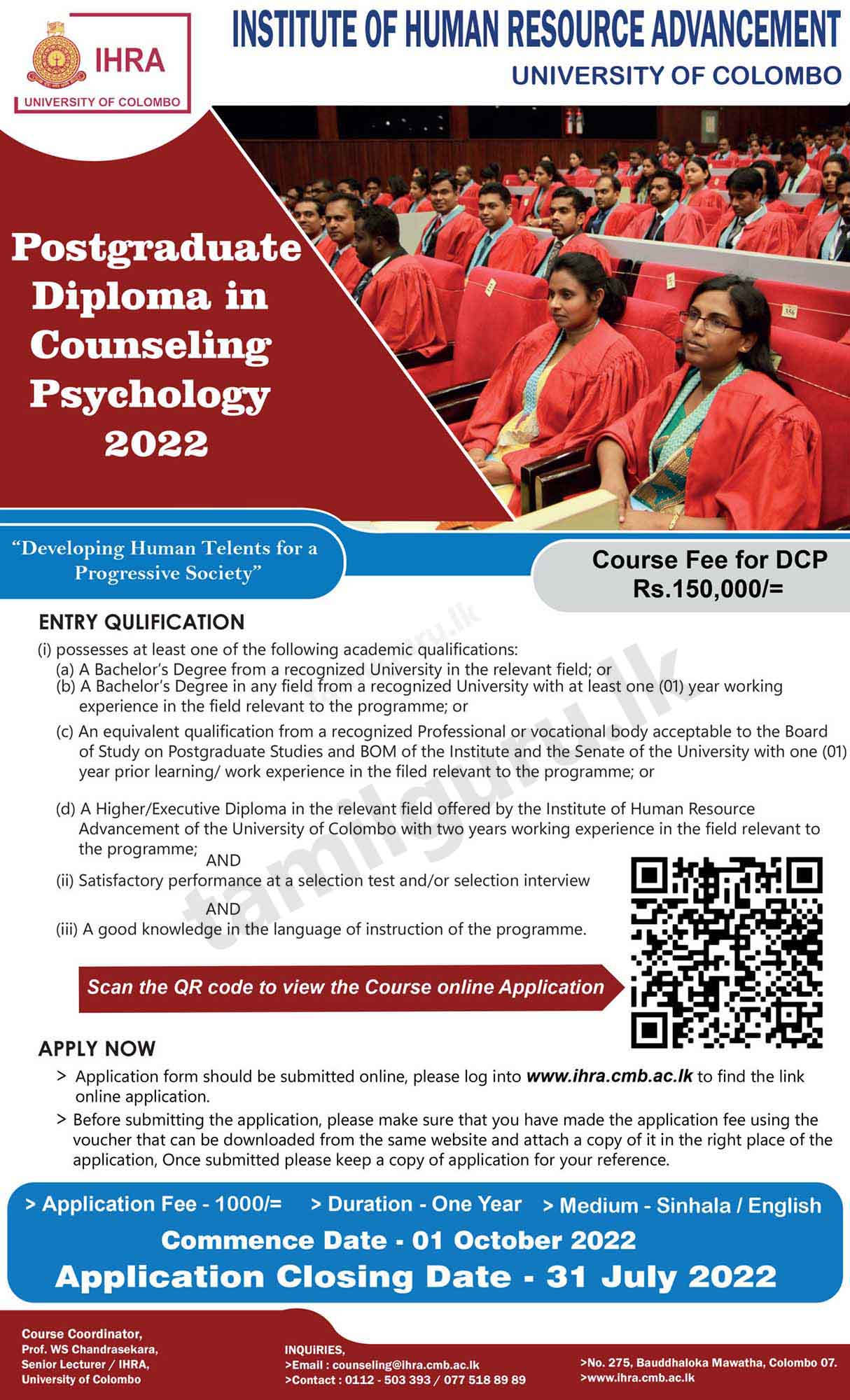 Postgraduate Diploma in Counseling Psychology (PGDCP) (2022 July) - University of Colombo