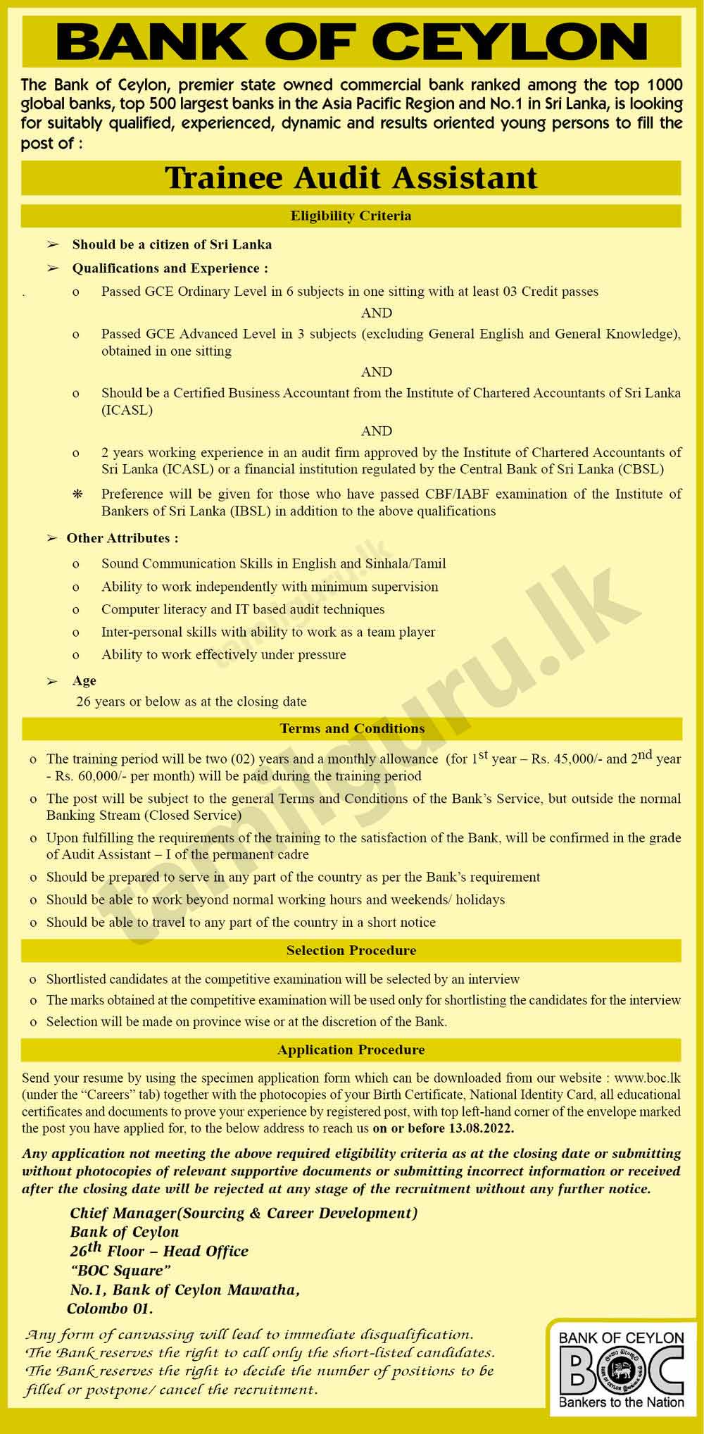 Trainee Audit Assistant Vacancies 2022 - Bank of Ceylon (BOC)