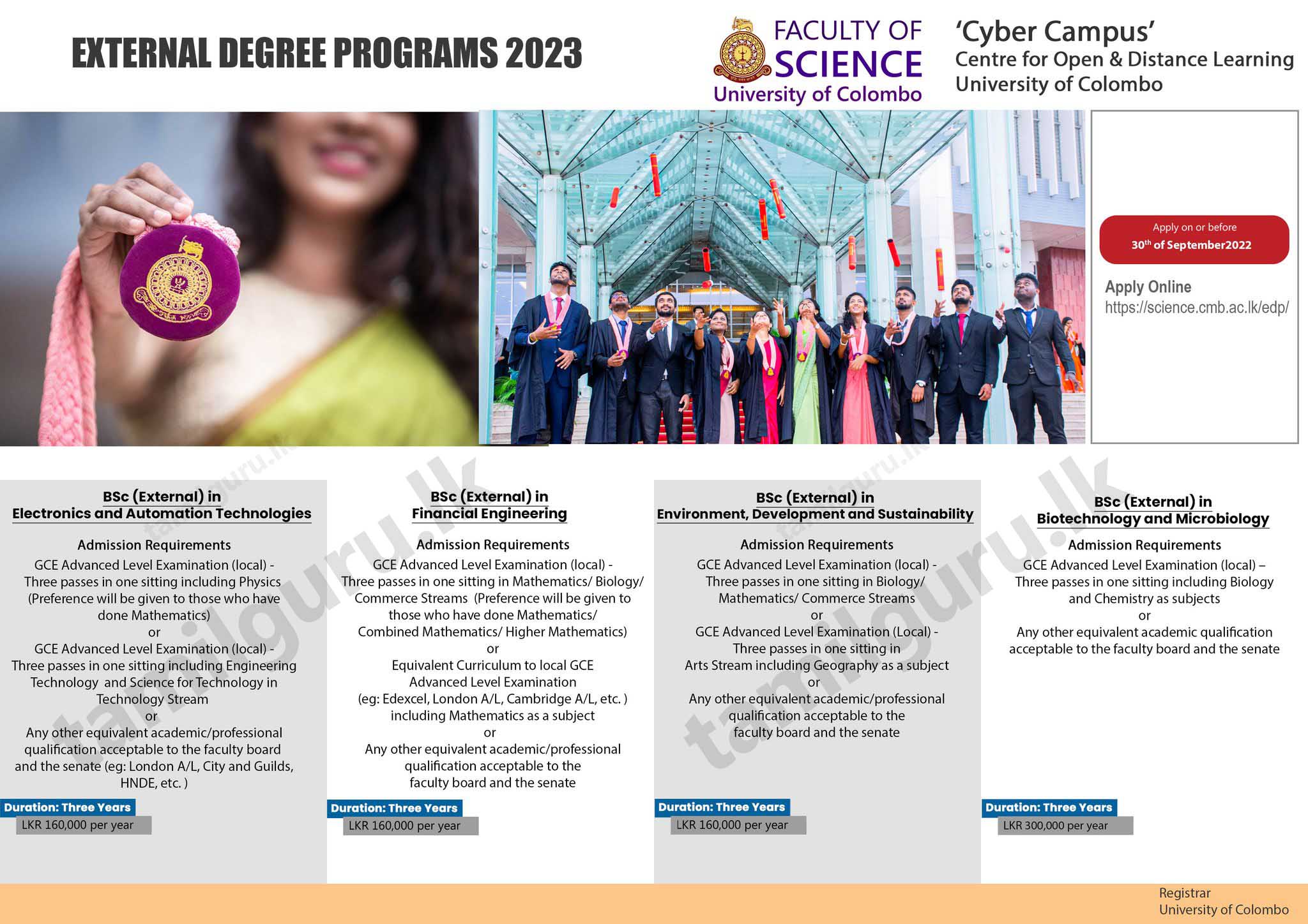 Calling Applications for Bachelor of Science (B.Sc) External Degree Programmes 2022/2023 - Cyber Campus, University of Colombo