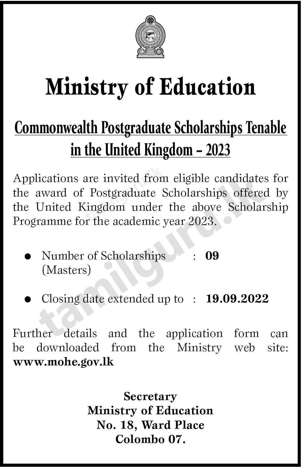 Call for Applications - Commonwealth Masters Scholarships in the United Kingdom (UK) 2023 for Sri Lankans