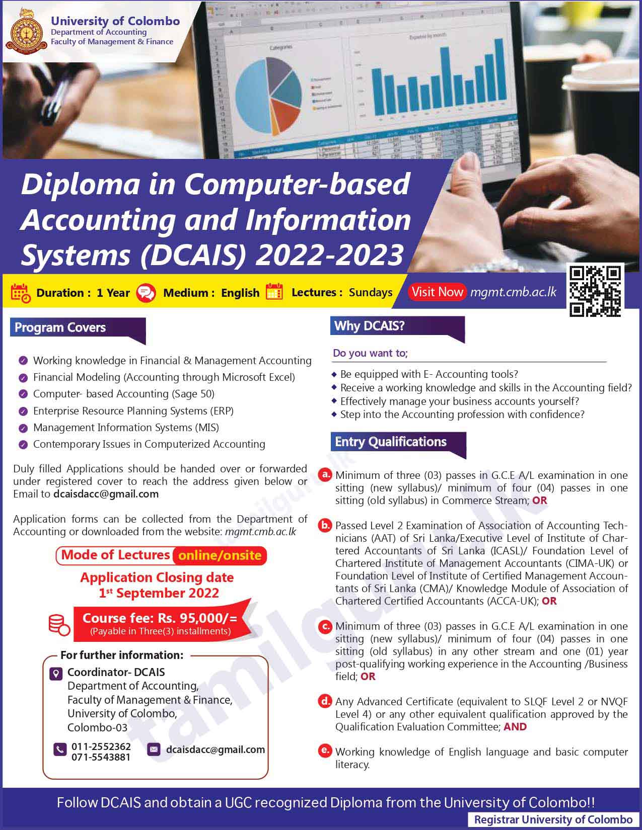 Diploma in Computer-based Accounting and Information Systems (DCAIS) 2022/2023 - University of Colombo