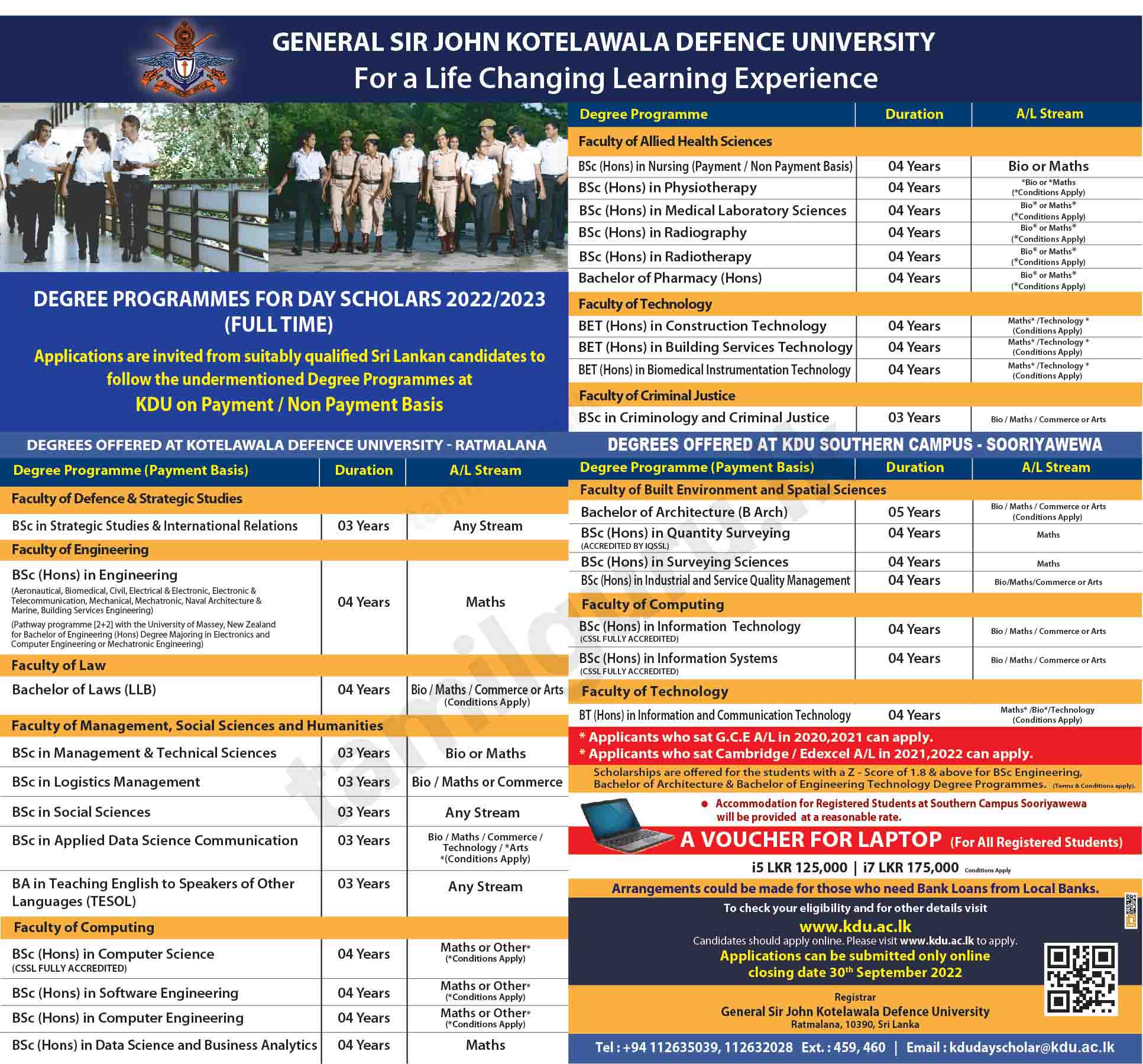 Admission for Degree Programmes 2022/2023 (Intake 40) - Kotelawala Defence University (KDU)