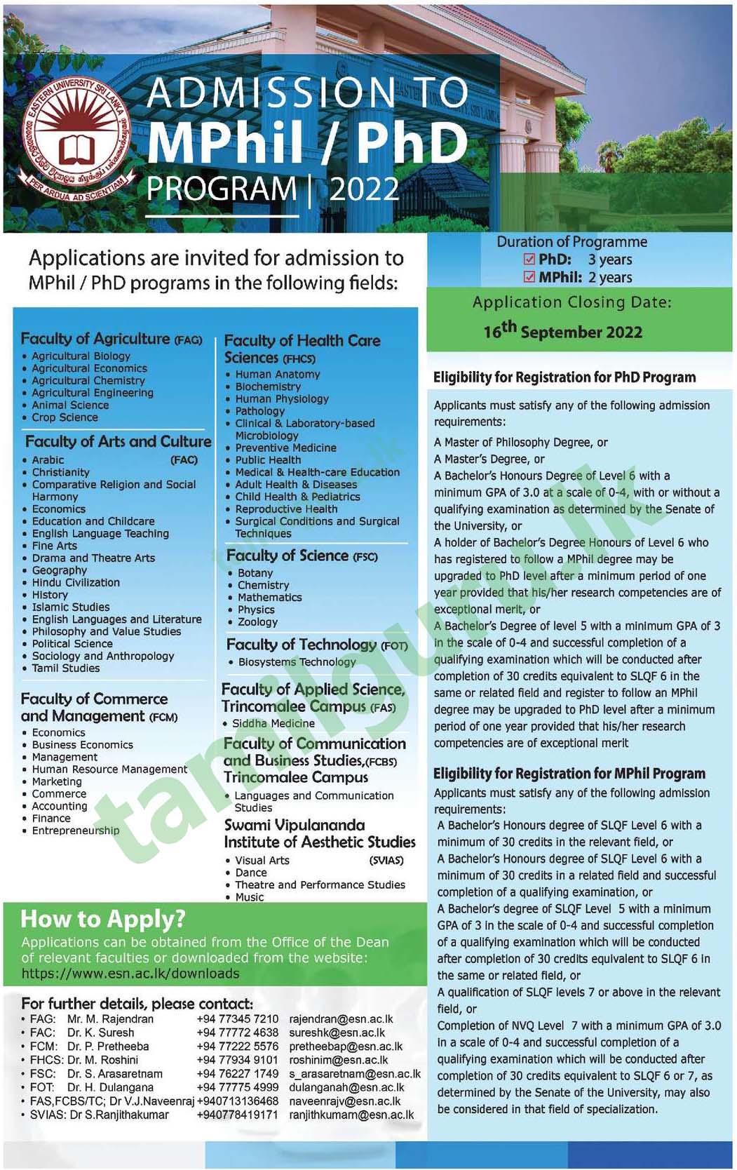Calling Applications for Admission to MPhil & PhD Programs (2022 Intake) from Eastern University, Sri Lanka (EUSL)