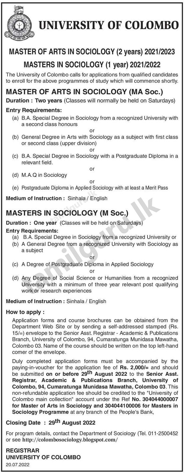 Master of Arts (M.A) / Masters in Sociology Degree Programmes (2022) - University of Colombo