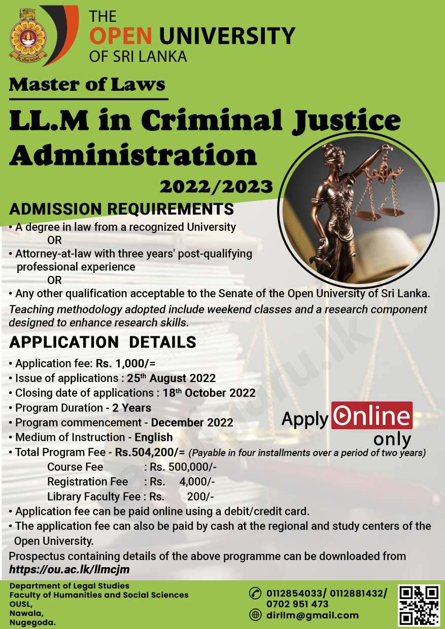 Notice for Call for Applications - Master of Laws (LLM) in Criminal Justice Administration 2022/2023 from Open University of Sri Lanka (OUSL)
