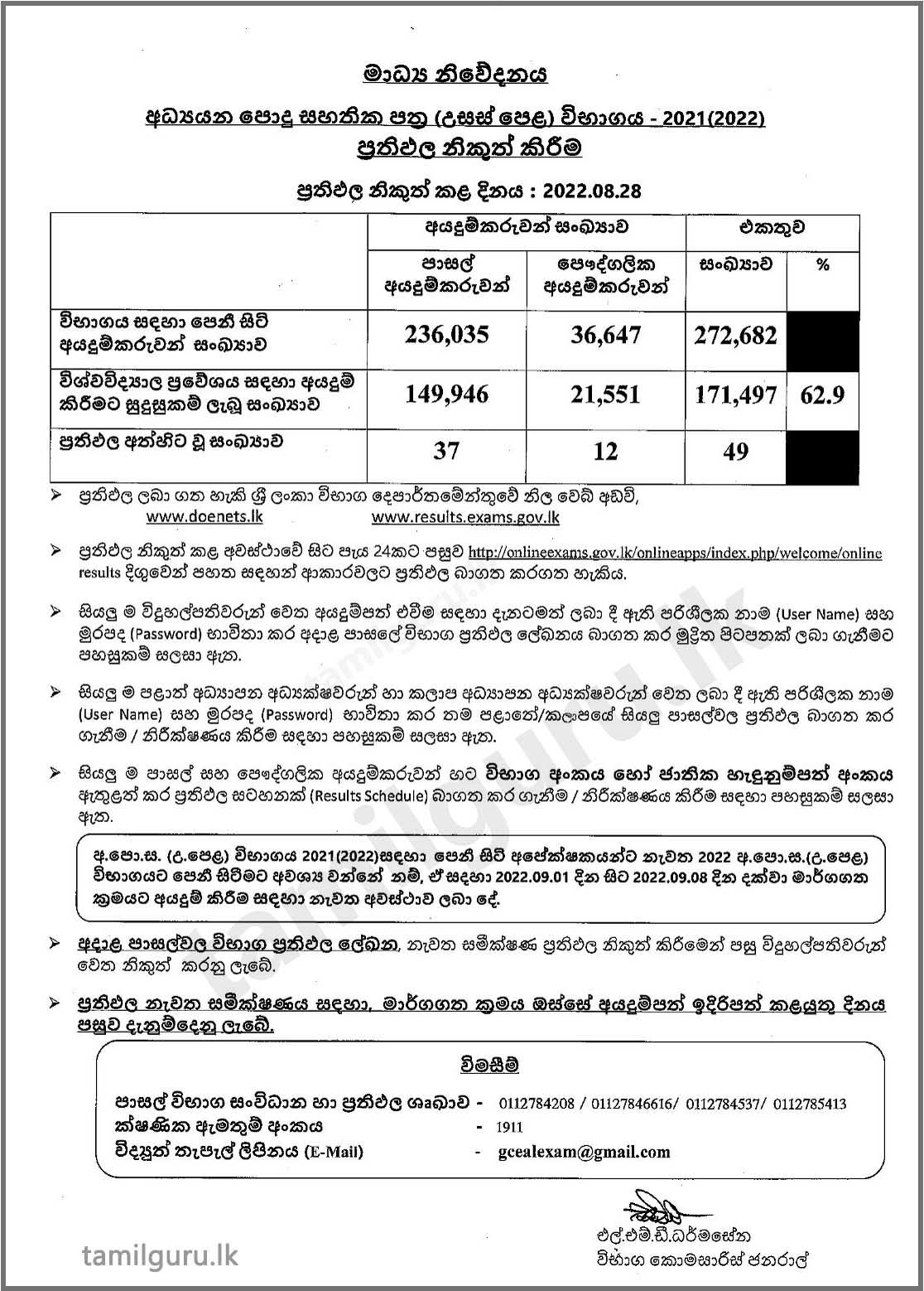 Press Release (Notice) from the Department of Examinations on G.C.E. A/L Examination Results 2021 (2022) (Details in Sinhala)