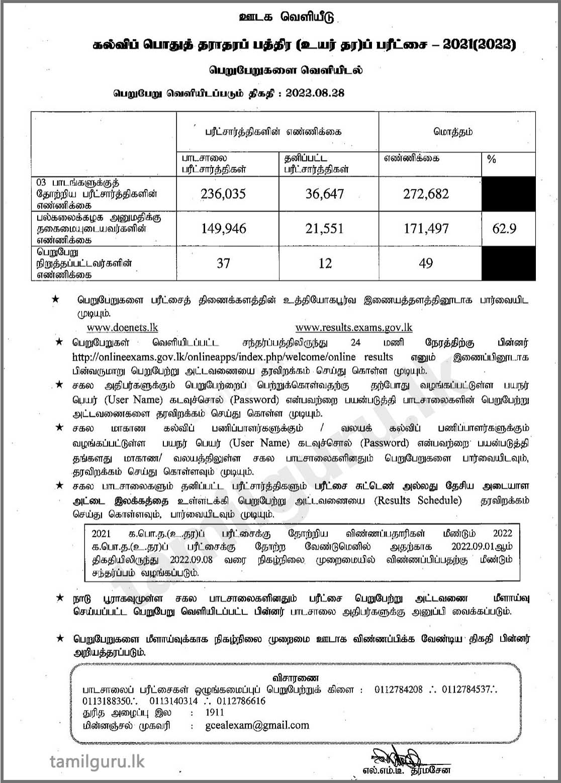 Press Release (Notice) from the Department of Examinations on G.C.E. A/L Examination Results 2021 (2022) (Details in Tamil)