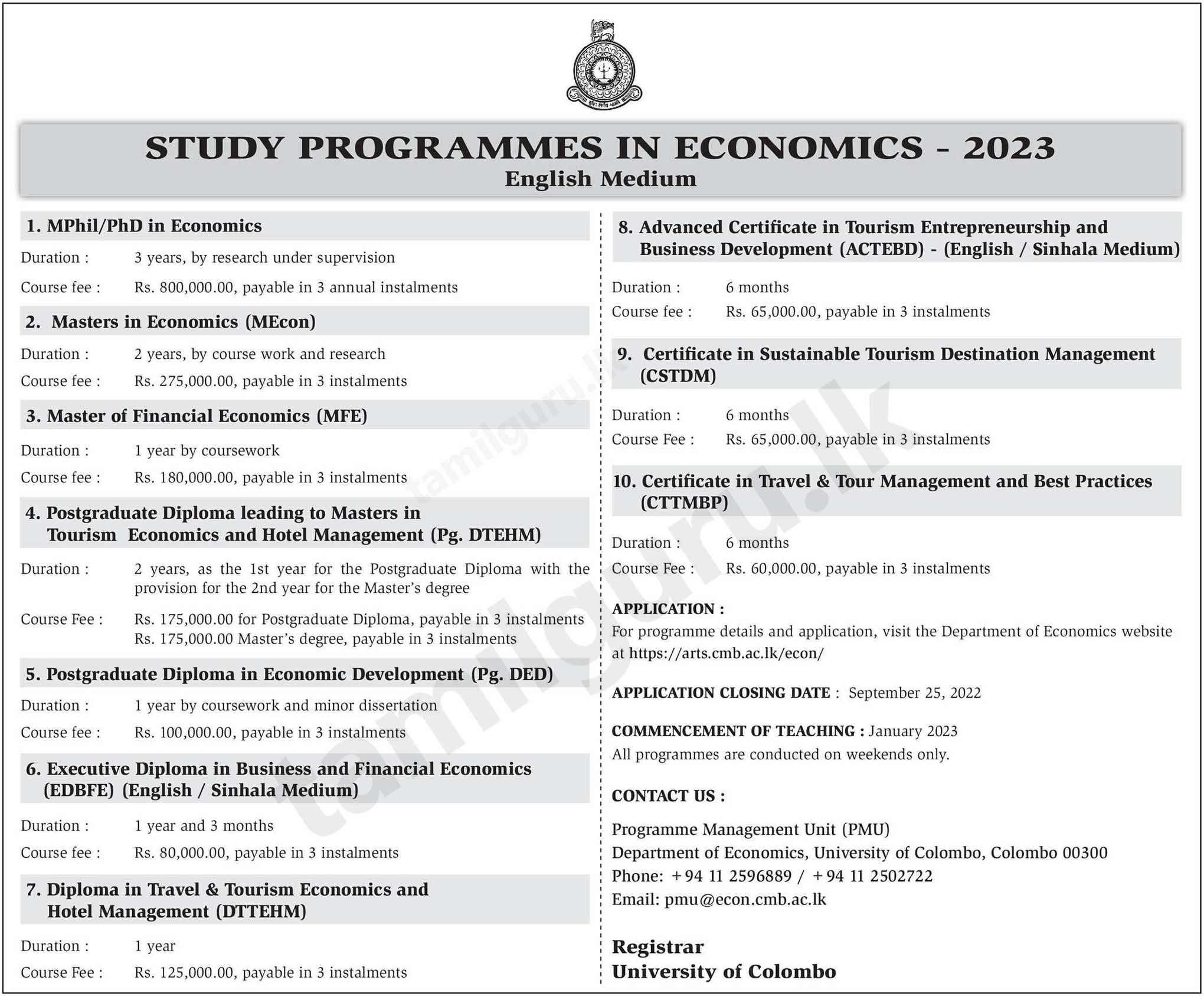 Calling Applications for Study Programmes in Economics (2022/2023) (Courses) - Department of Economics, University of Colombo