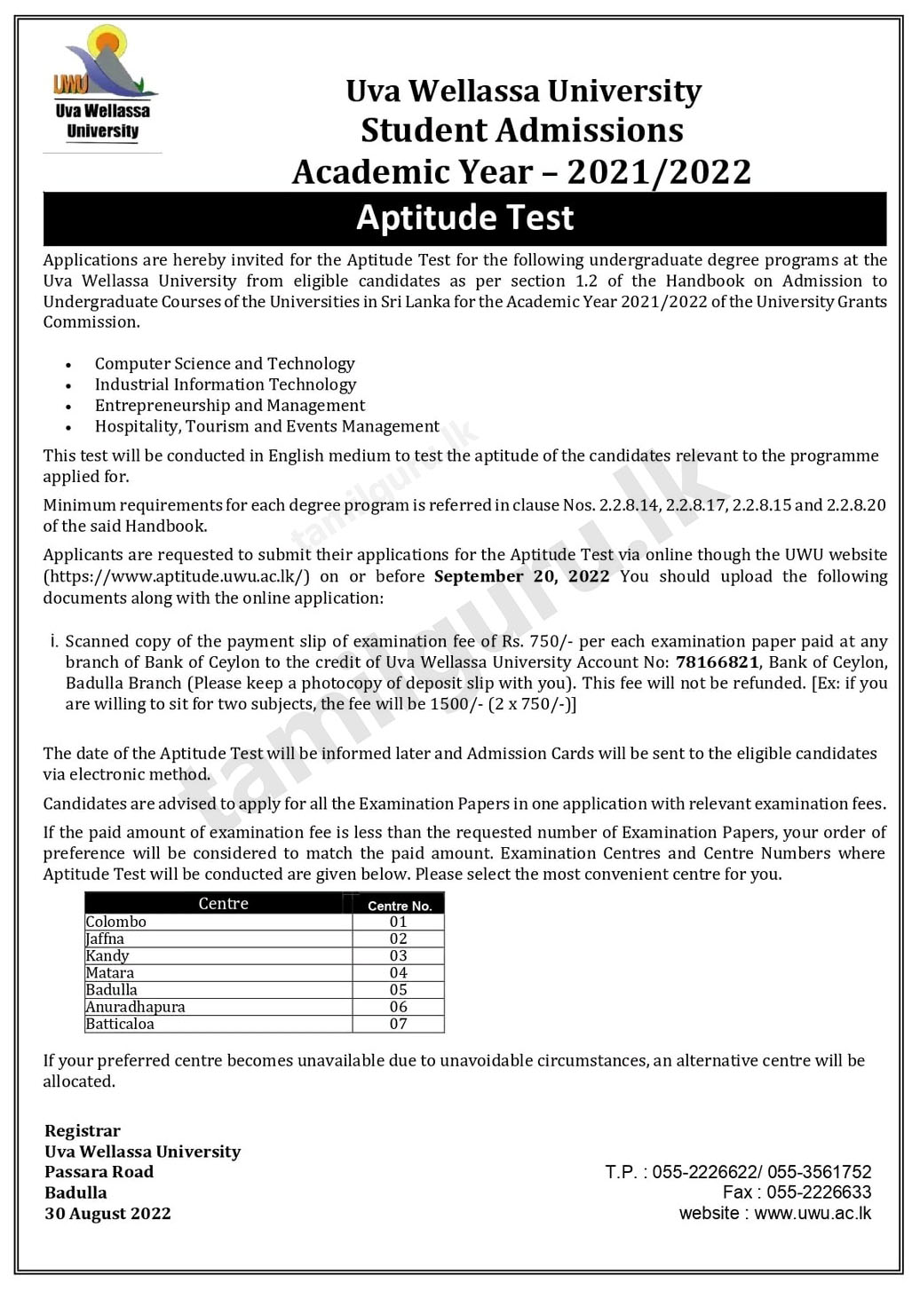 Notice for Aptitude Test Application (2022) - Uva Wellassa University (UWU)