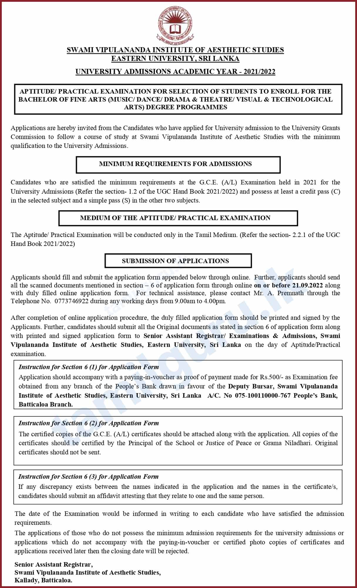 Eastern University (Swami Vipulananda Institute) Aptitude Test Application 2022