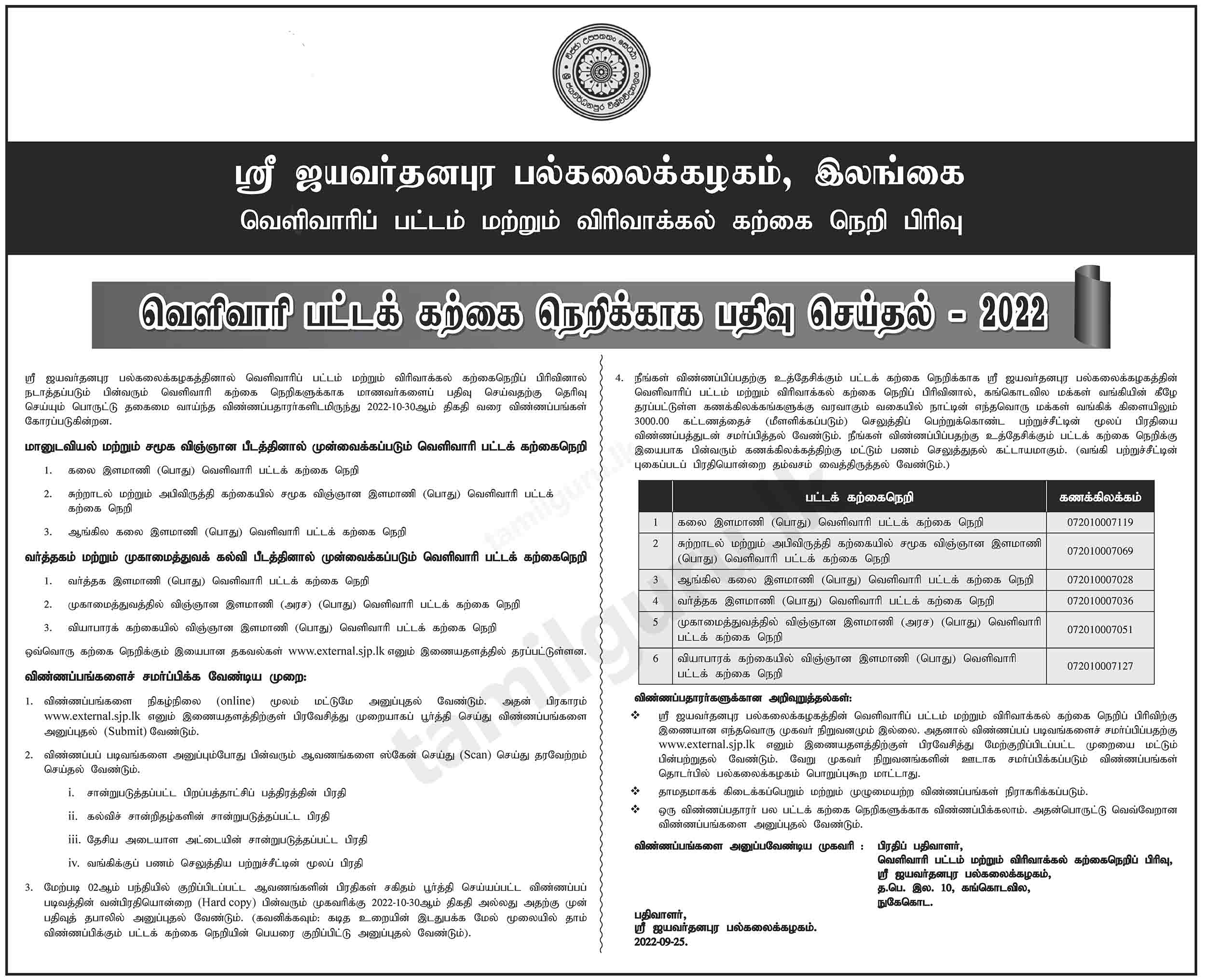 External Degree Programmes Application (2022 Intake) - University of Sri Jayewardenepura
