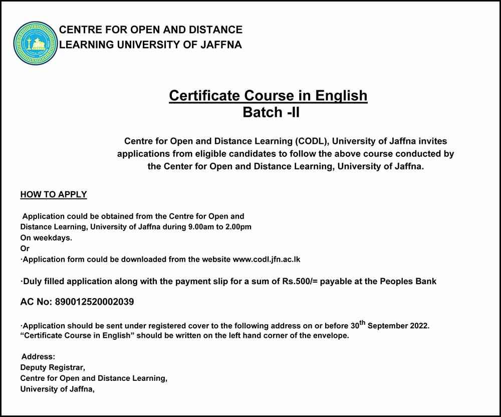 How to Apply - Certificate Course in English (2022) - University of Jaffna