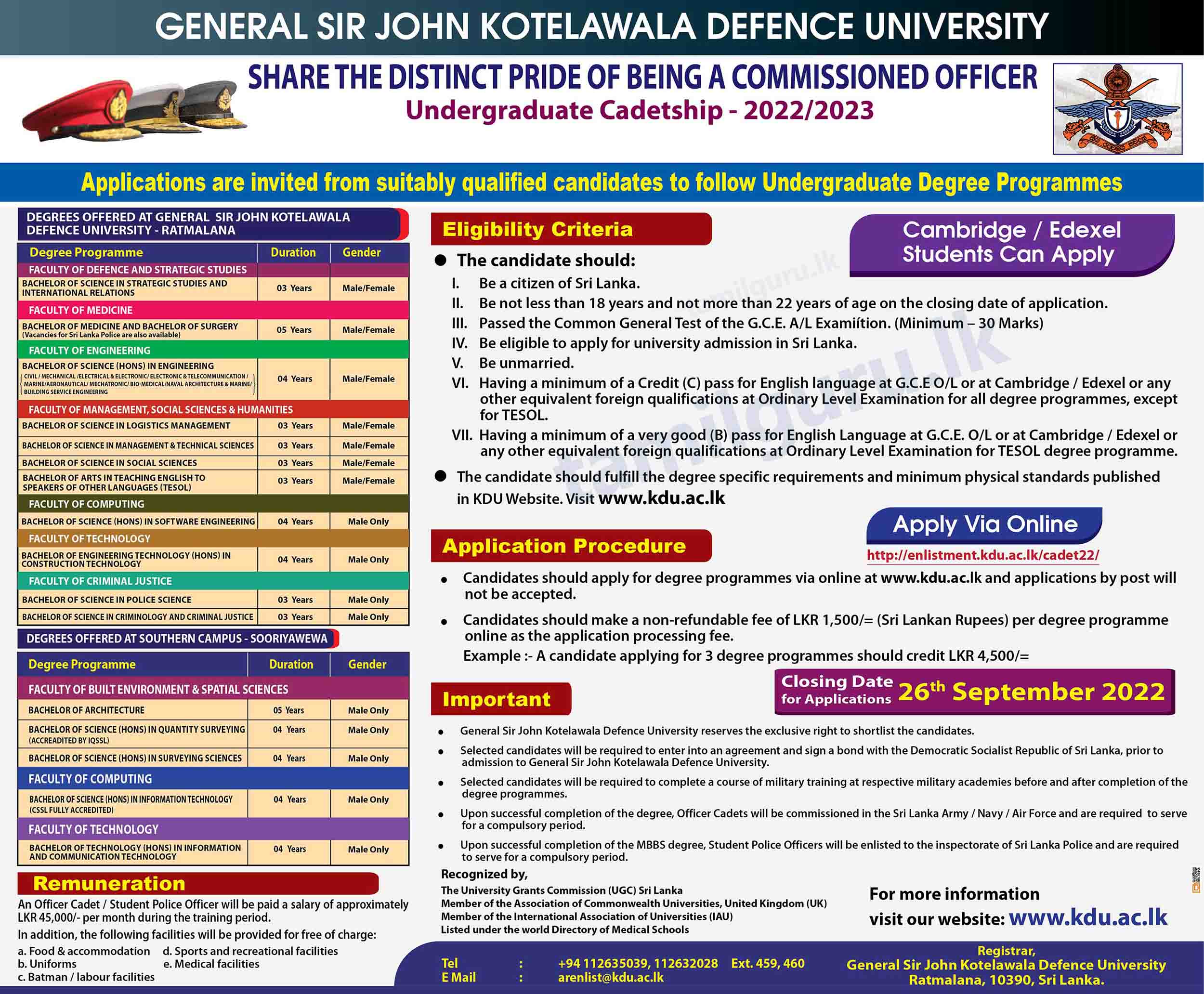 Admission for Degree Programmes (Cadetship) 2022/2023 (Intake 40) - Kotelawala Defence University (KDU)