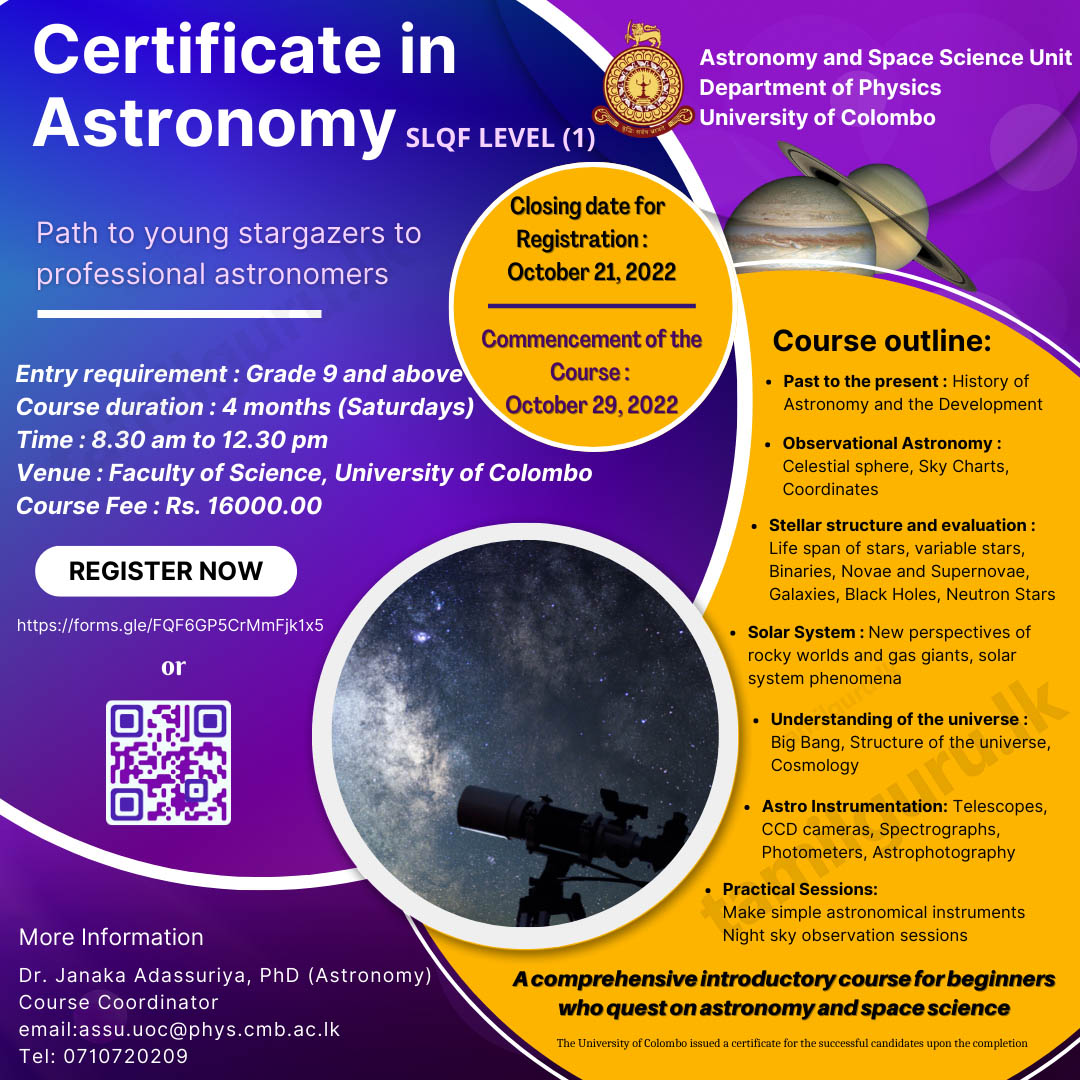 Application Calling Notice for Certificate in Astronomy (Course) 2022 at the University of Colombo