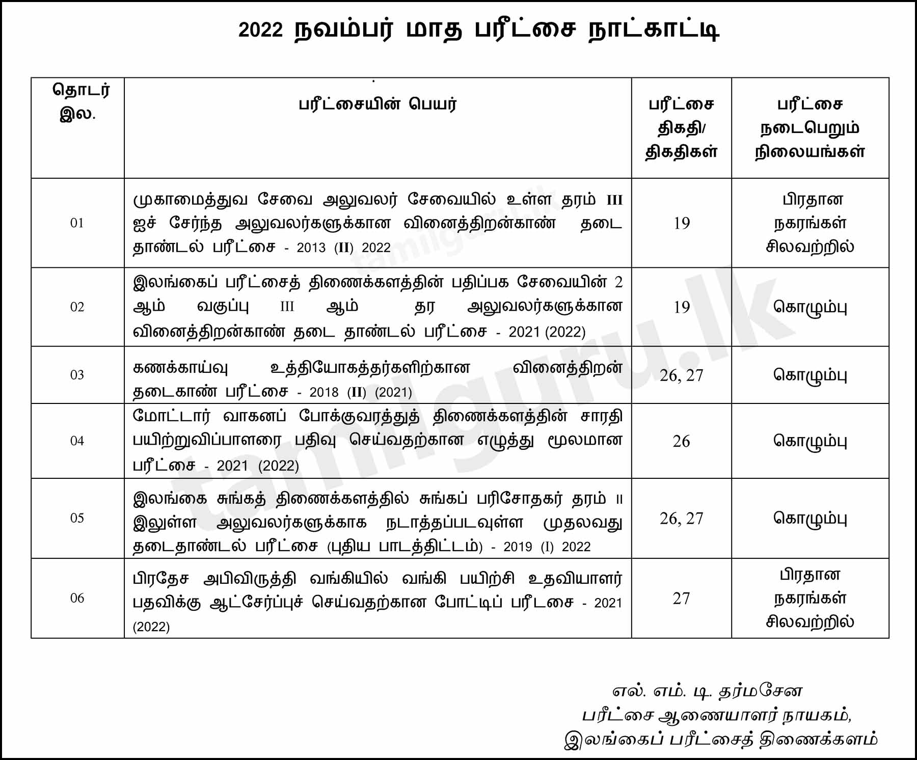 Examination Calendar for November 2022 - Department of Examinations