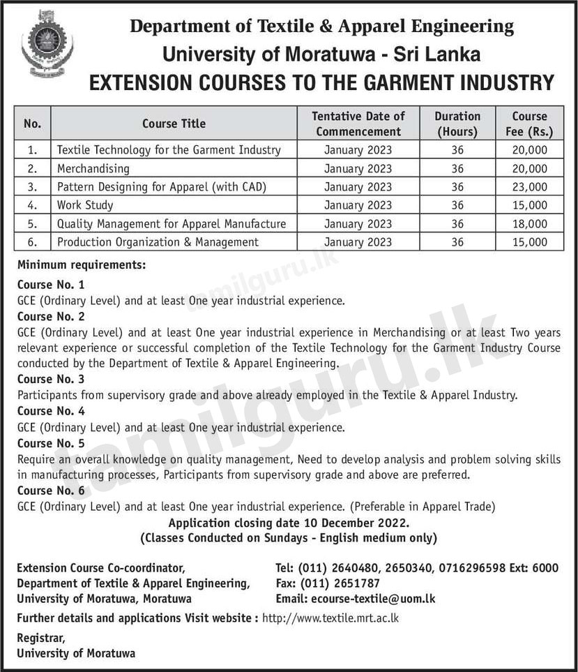 Calling Applications for Extension Courses to the Garment Industry (2022) Conducted by the Department of Textile & Apparel Engineering, University of Moratuwa