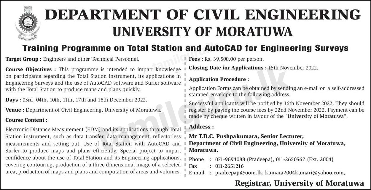 Training Programme on Total Station and AutoCAD for Engineering Surveys (2022) - University of Moratuwa