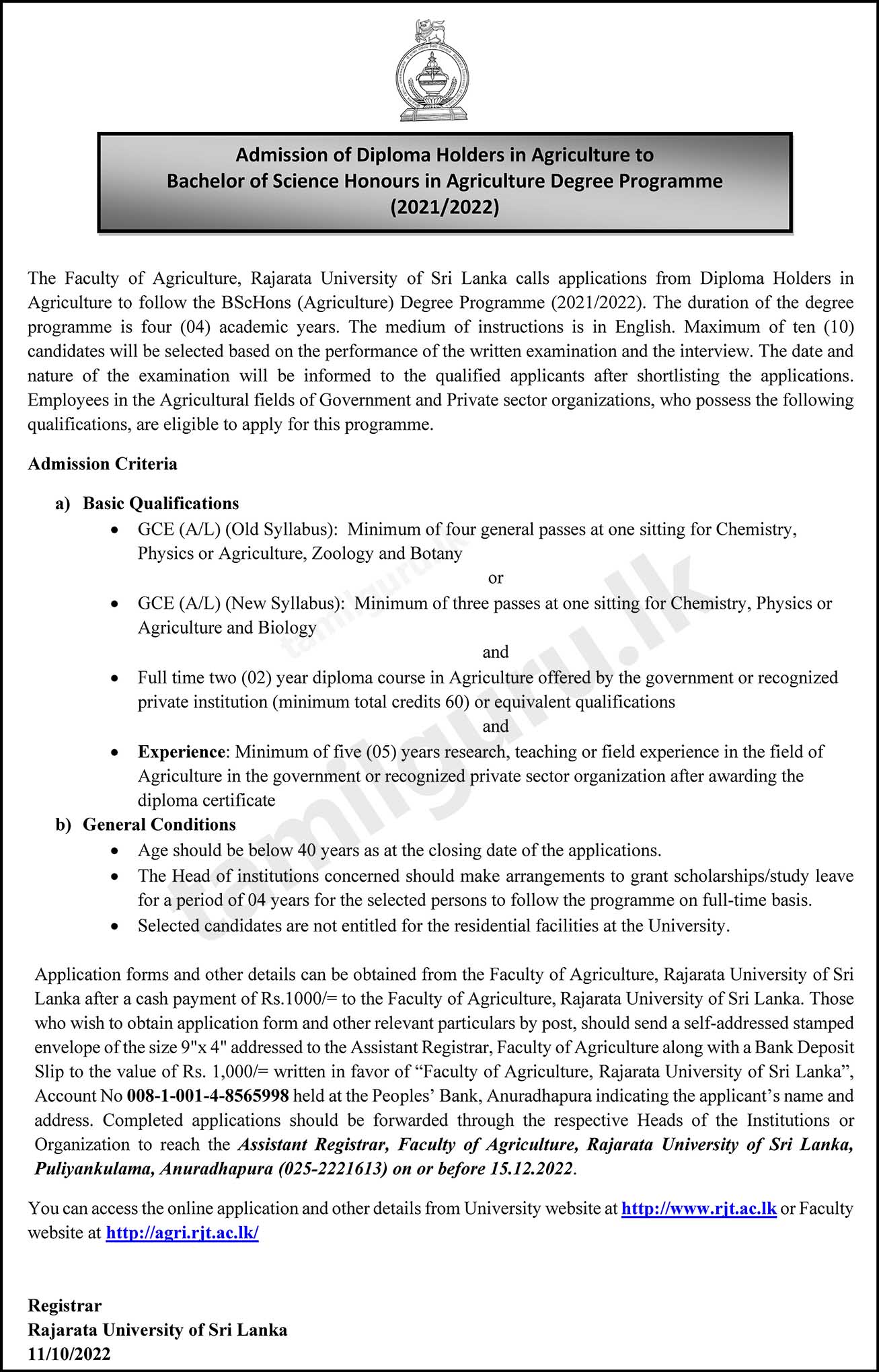 Admission of Diploma Holders in Agriculture to Bachelor of Science (BSc) (Hons) in Agriculture Degree Programme (2021/2022) - Rajarata University of Sri Lanka
