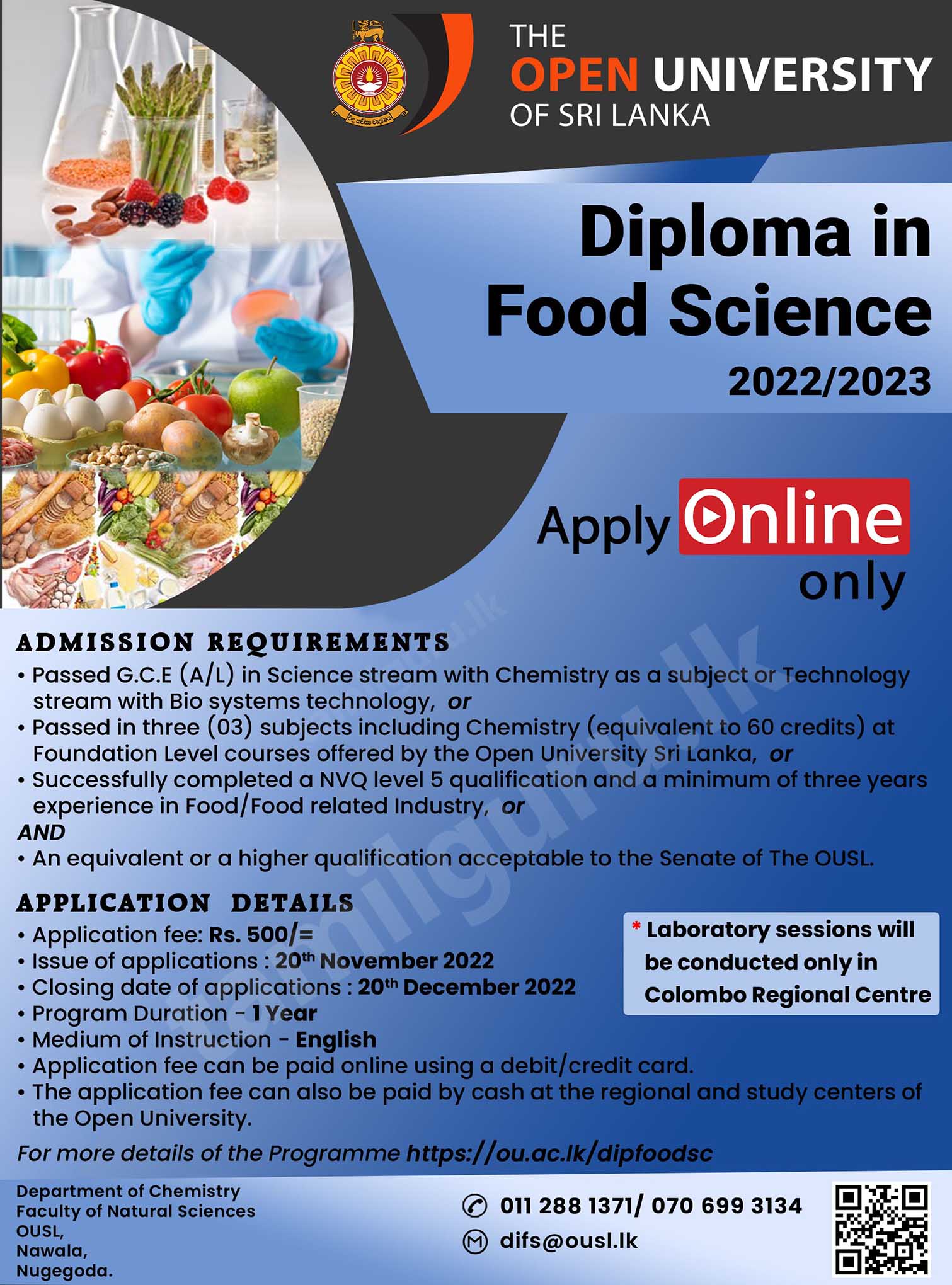 Calling Applications for Diploma in Food Science (Course) 2022/2023 - Open University of Sri Lanka (OUSL)