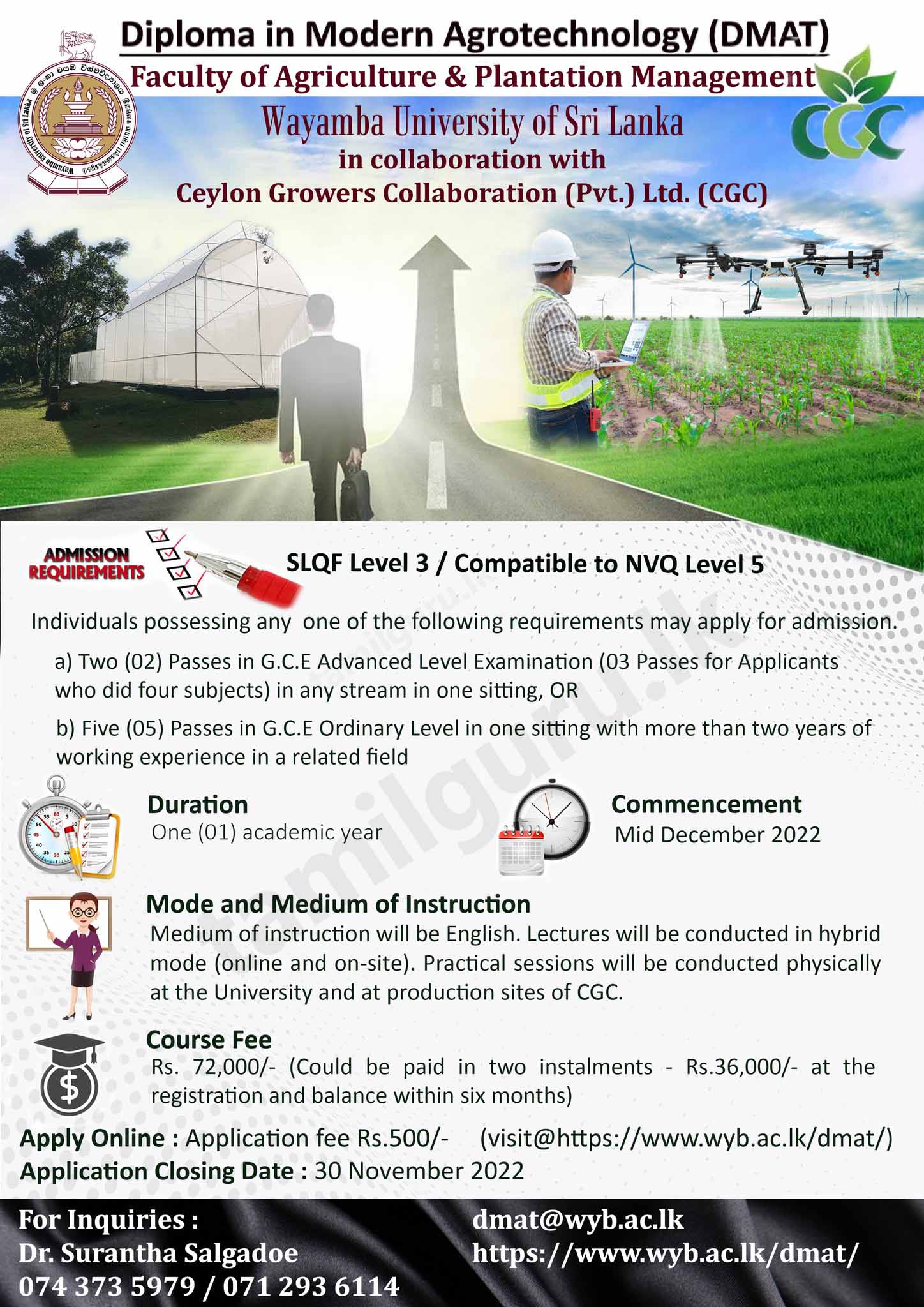 Application Calling Notice for Diploma in Modern Agrotechnology (DMAT) 2022 at the Wayamba University of Sri Lanka (WUSL)