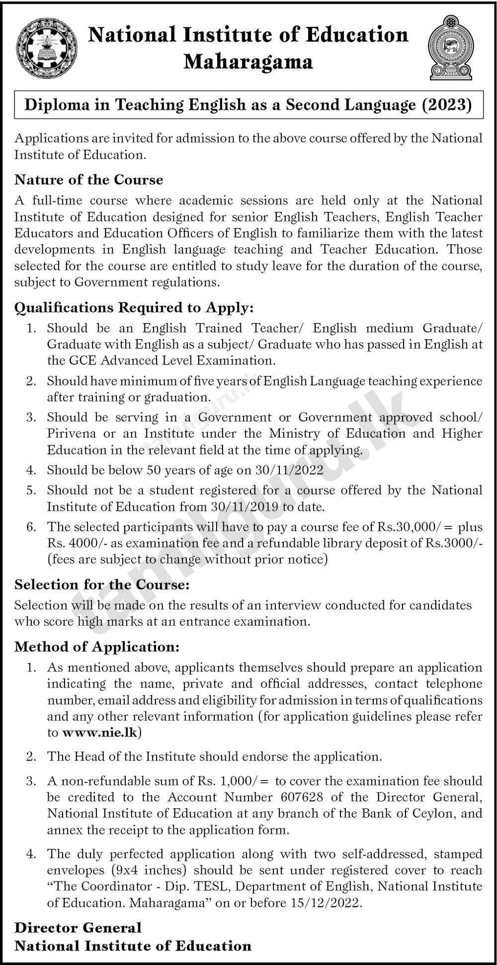 Calling Applications for Diploma in Teaching English as a Second Language (TESL) 2023 - National Institute of Education (NIE)