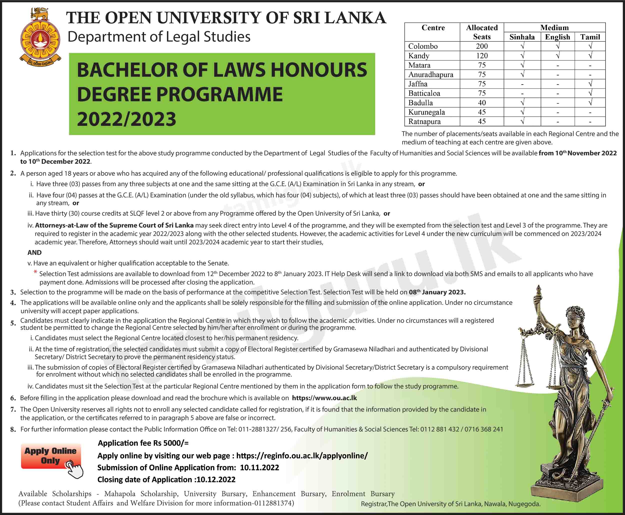 Calling Applications for Bachelor of Laws (LLB) Degree Programme (Entrance Exam) 2022/2023 - Open University of Sri Lanka (OUSL)