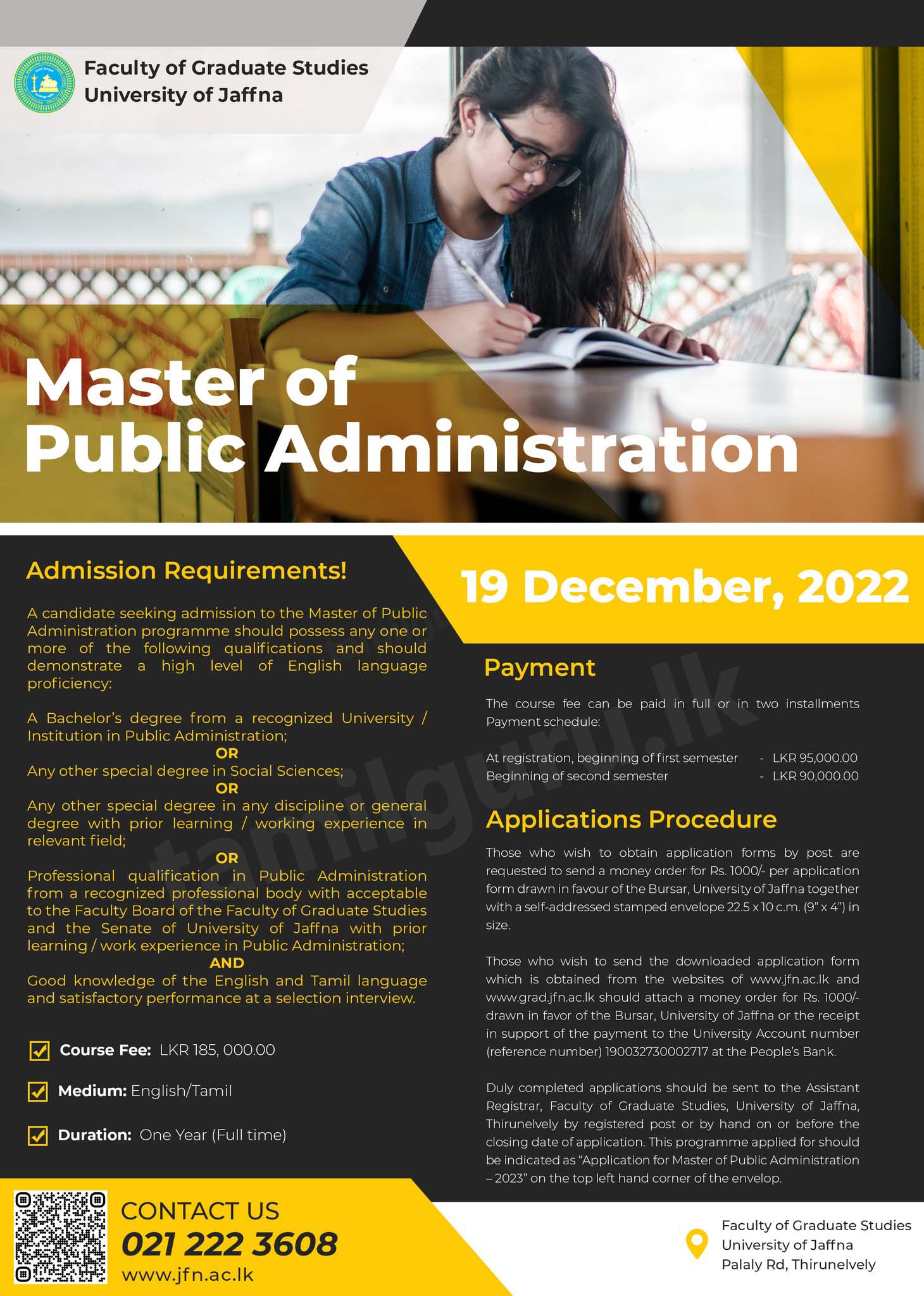 Calling Applications for Master of Public Administration 2022 - University of Jaffna