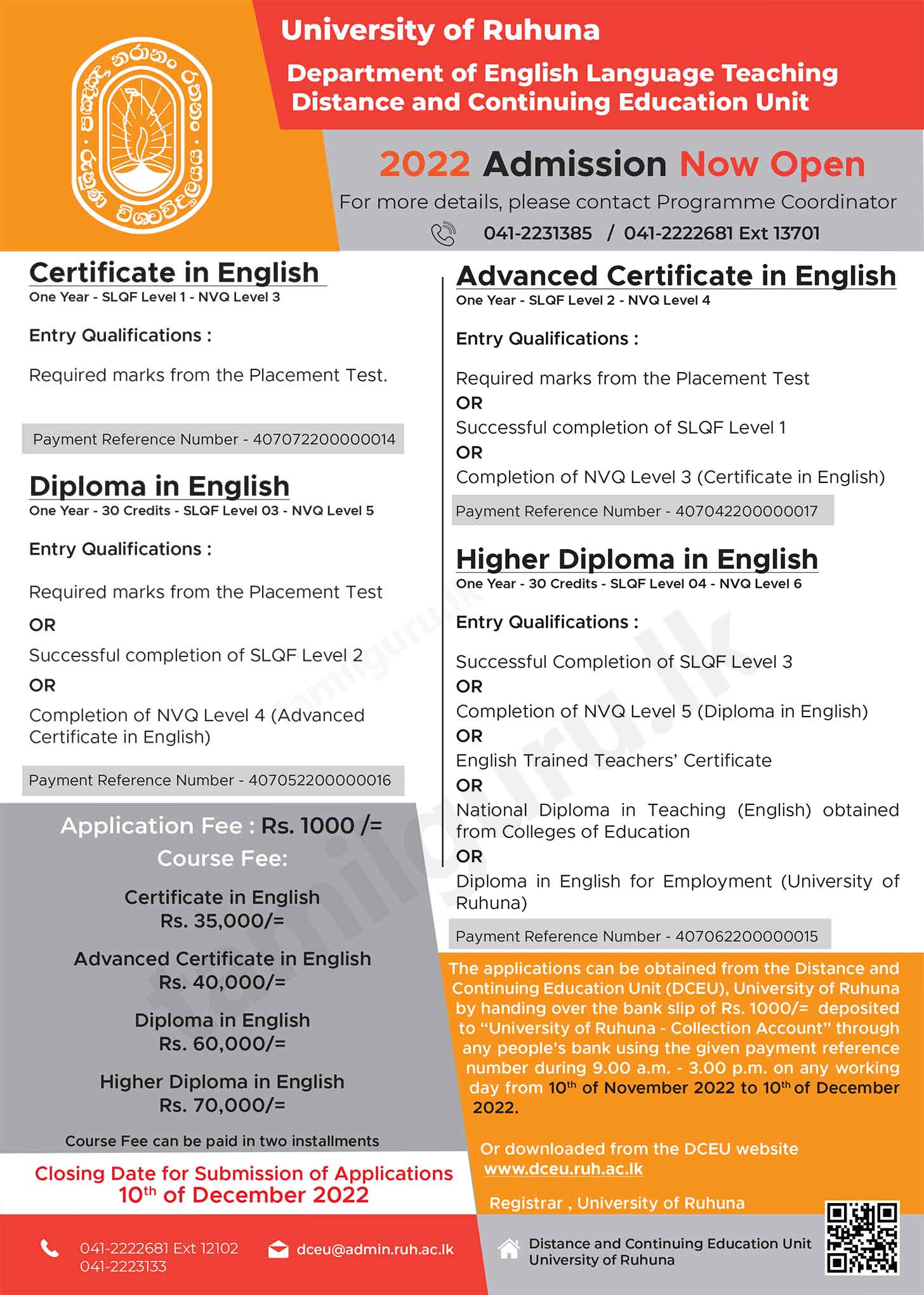 Calling Applications for Extension Courses in English (Diploma & Certificates) 2022 - University of Ruhuna