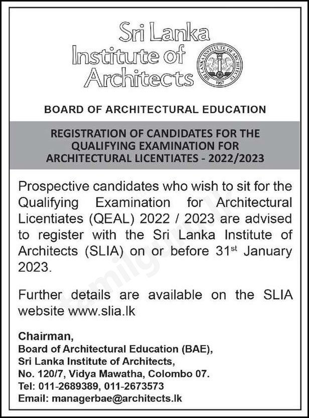 Registration of Candidates for the Qualifying Examination for Architectural Licentiates (QEAL) – 2022/2023