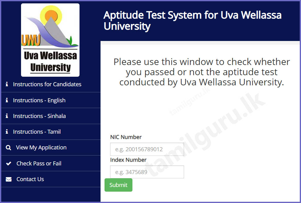 Web Notice for Uva Wellassa University (UWU) Aptitude Test Results 2022