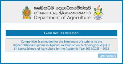Exam Results Released - HND in Agricultural Production Technology 2022 - Department of Agriculture