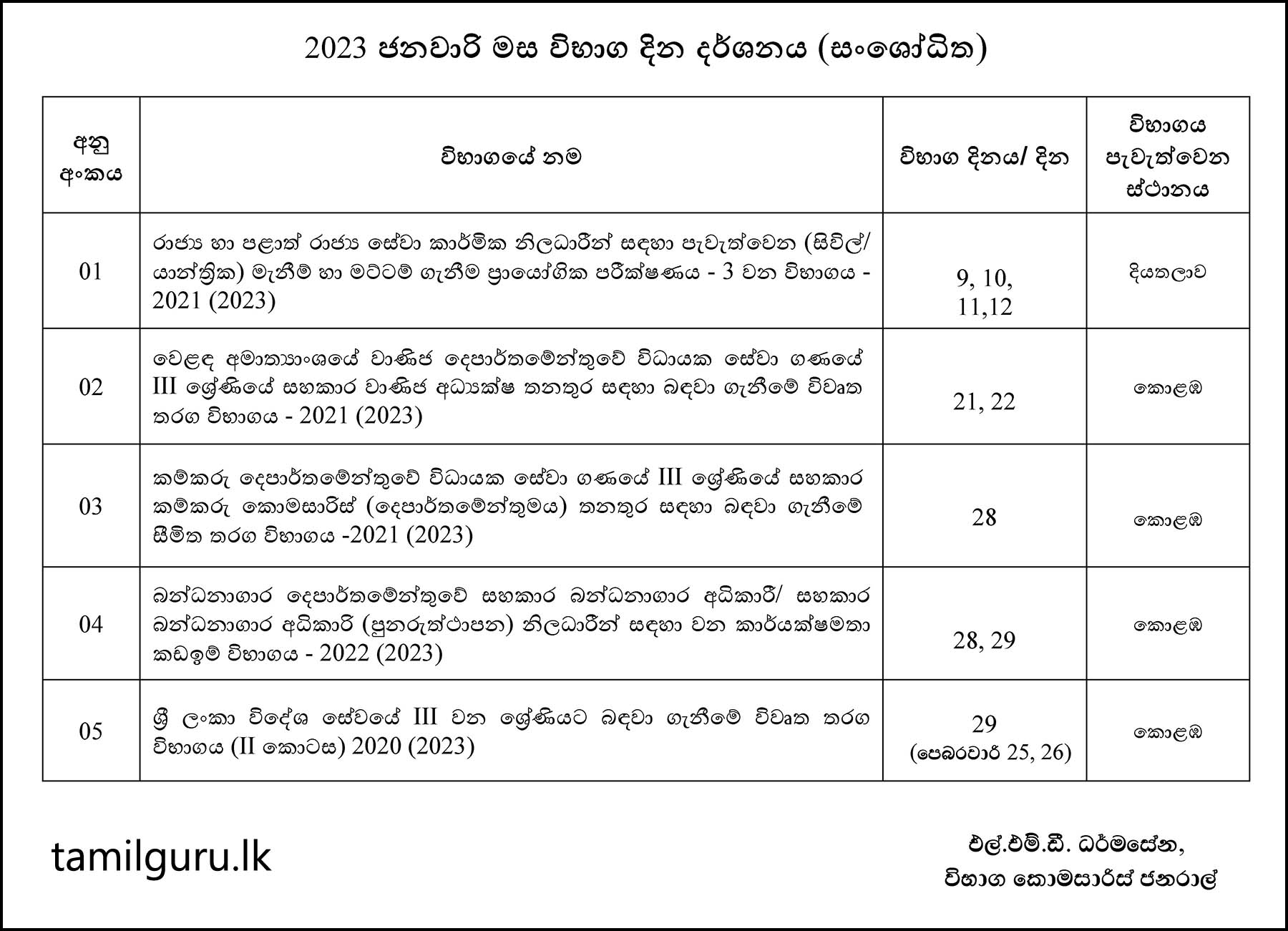 Examination Calendar for January 2023 - Department of Examinations (In Sinhala)