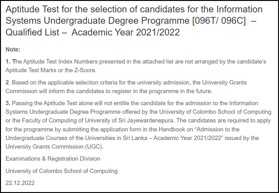 University Of Colombo UCSC USJ Aptitude Test Results 2022