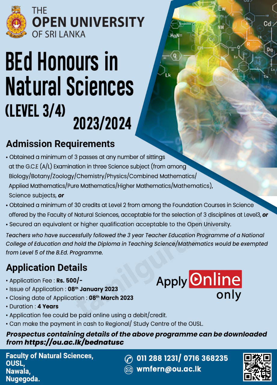Bachelor of Education (B.Ed) in Natural Sciences Degree Programme 2023/2024 - Open University of Sri Lanka