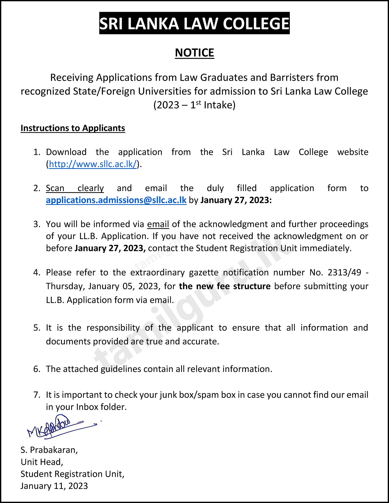 Sri Lanka Law College (SLLC) Admission for LLB Graduates and Barristers - 2023 (1st Intake)