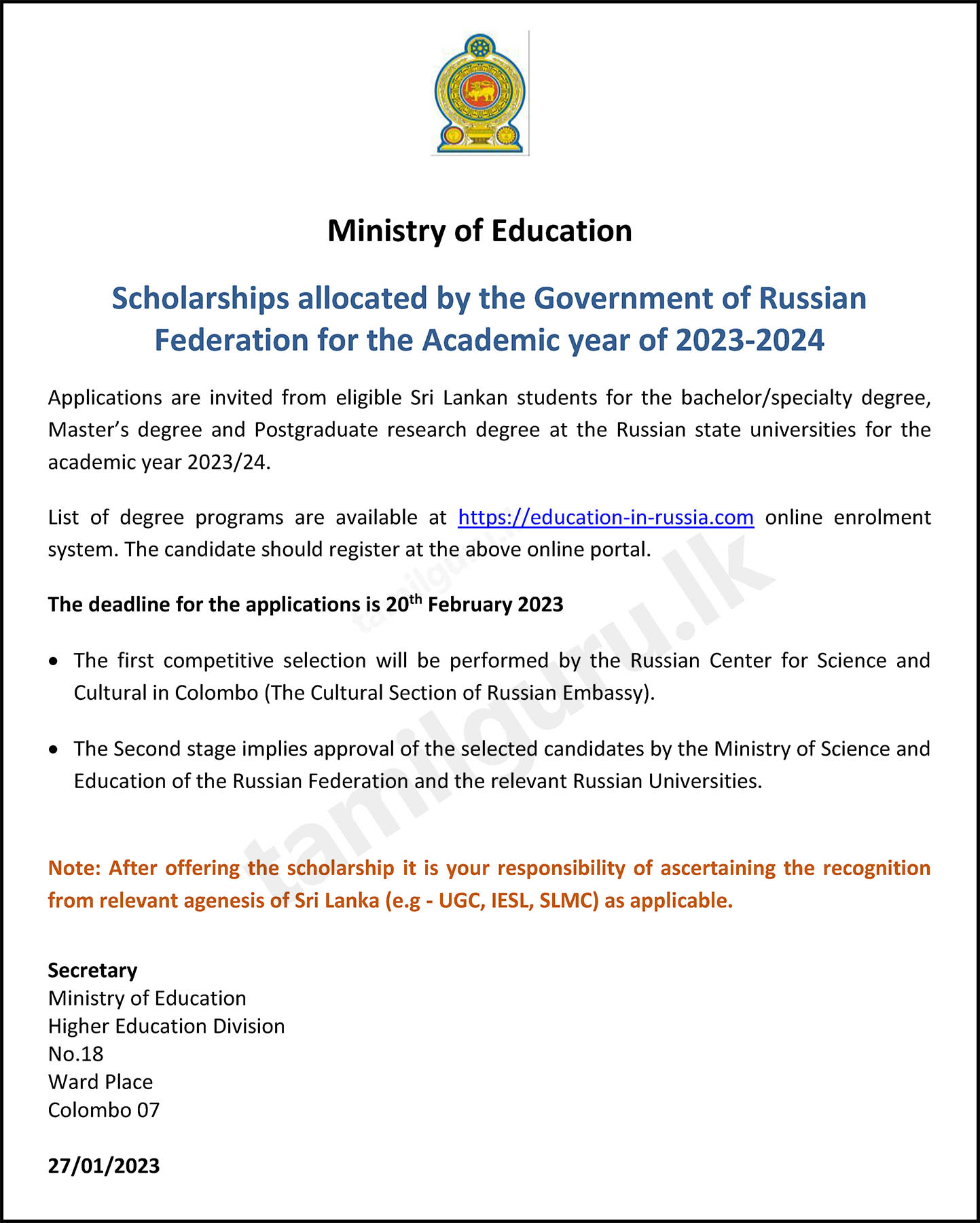 Russian Government Scholarships Programme 2023/2024 - Application