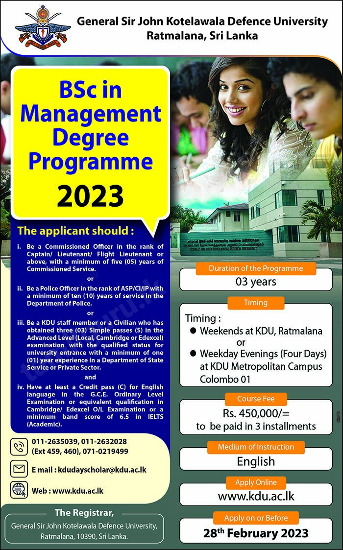BSc in Management Degree Programme 2023 - Kotelawala Defence University (KDU)