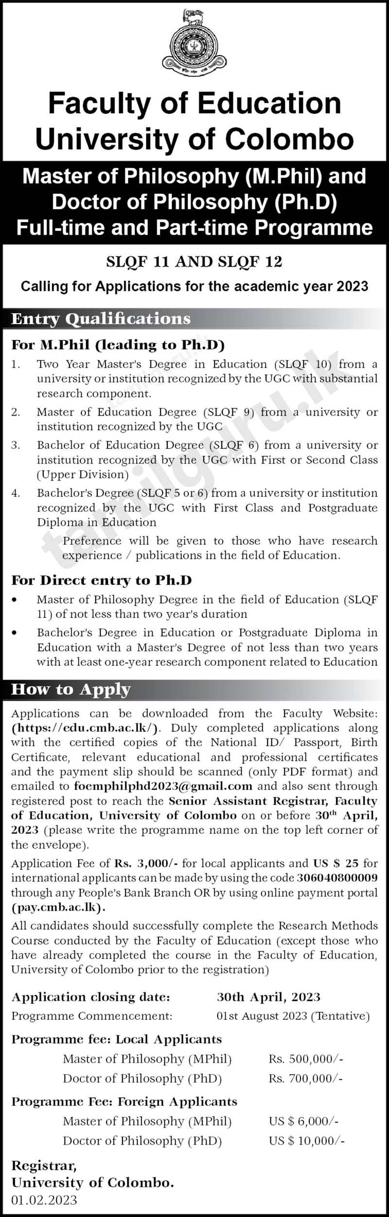 Calling Applications for MPhil & PhD Programmes in Education 2023 - University of Colombo