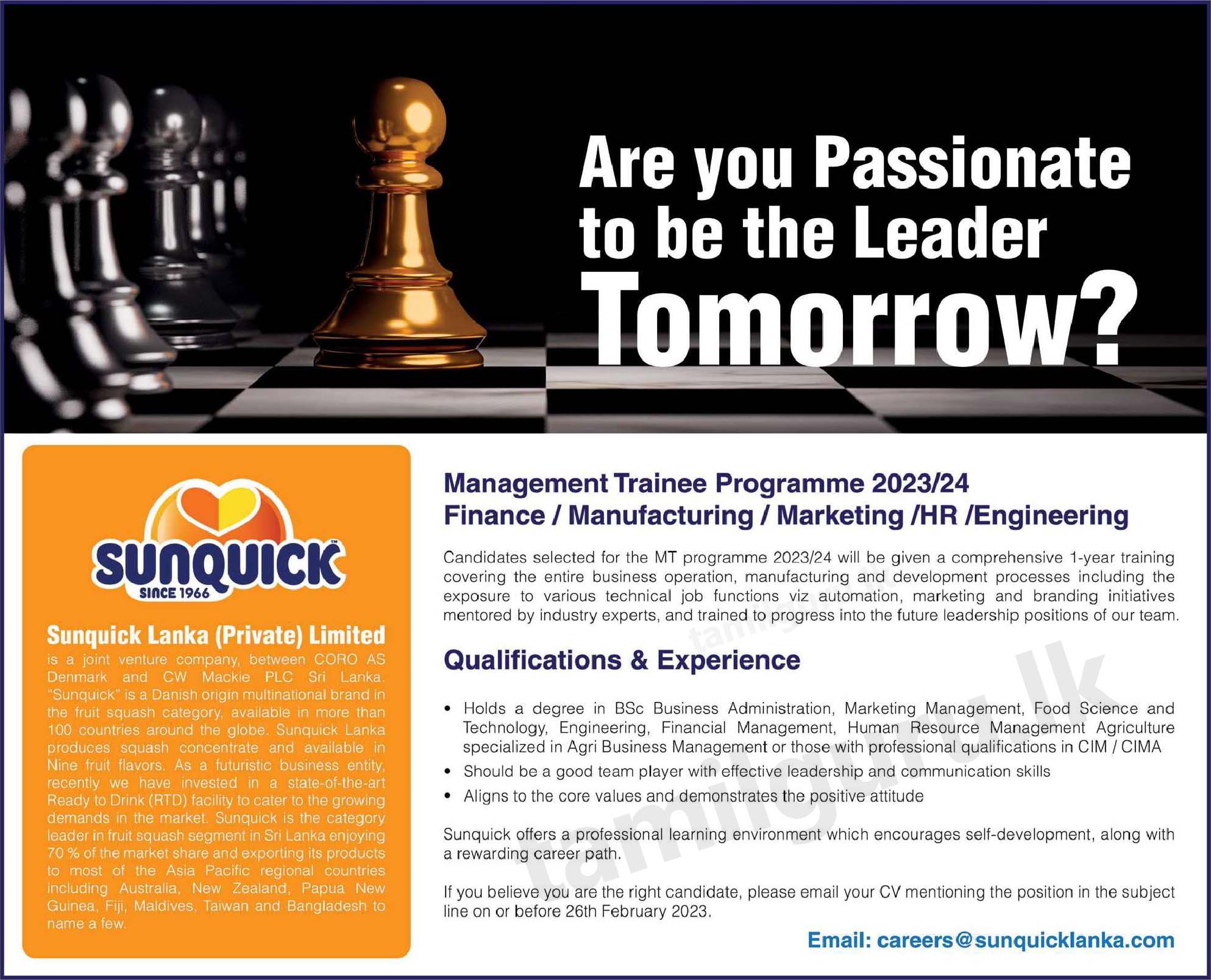 Calling Applications for Management Trainee Programme (Finance / Manufacturing / Marketing / HR / Engineering) - 2023/2024 at the Sunquick Lanka (Private) Limited