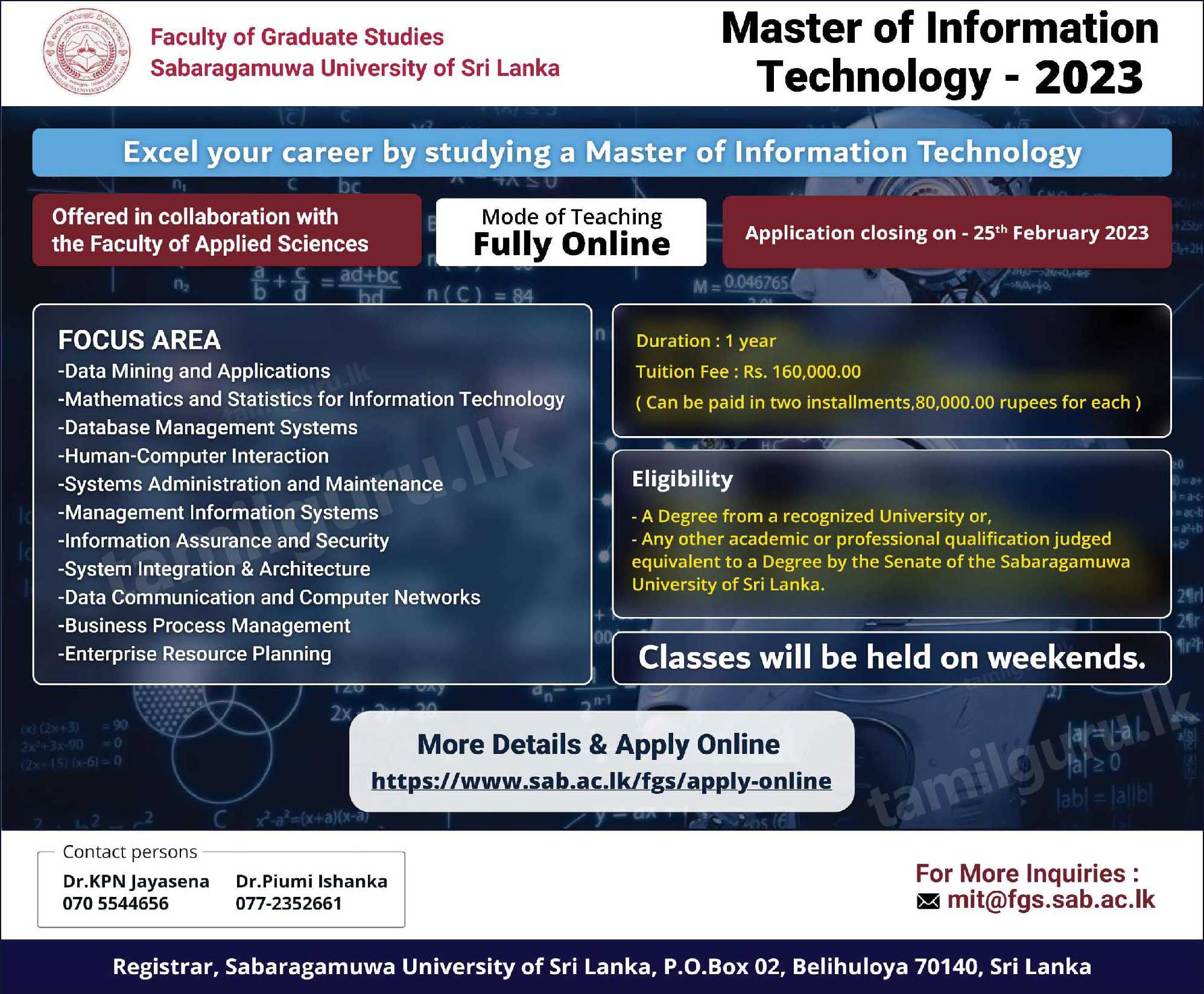 Calling Applications for Master of Information Technology (MIT) Degree Programme 2023 - Sabaragamuwa University of Sri Lanka (SUSL)