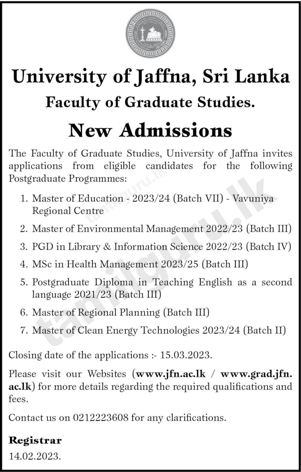 New Admissions for Postgraduate Programmes (2023) - University of Jaffna