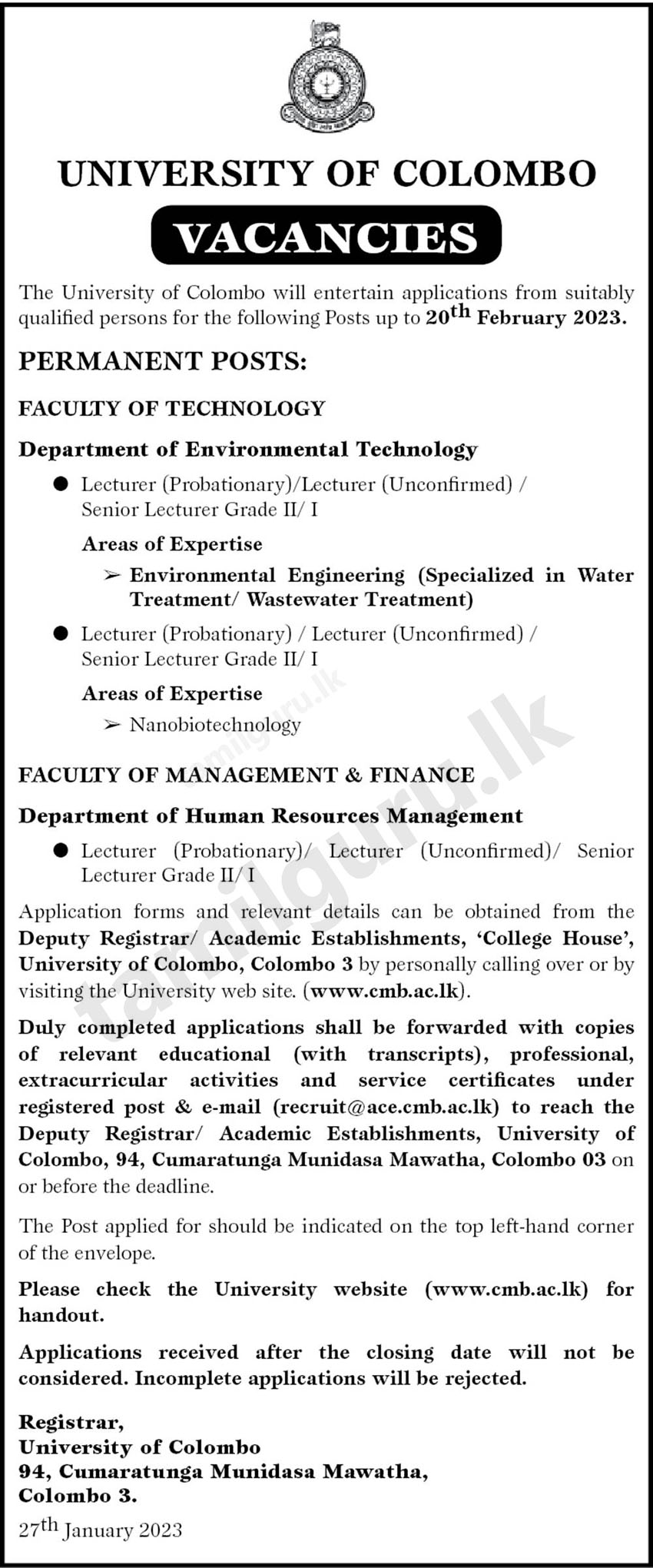 Lecturer Vacancies (Permanent Posts) at the University of Colombo - 2023 Post of Lecturer (Probationary)/ Lecturer (Unconfirmed)/ Senior Lecturer Grade II/ I