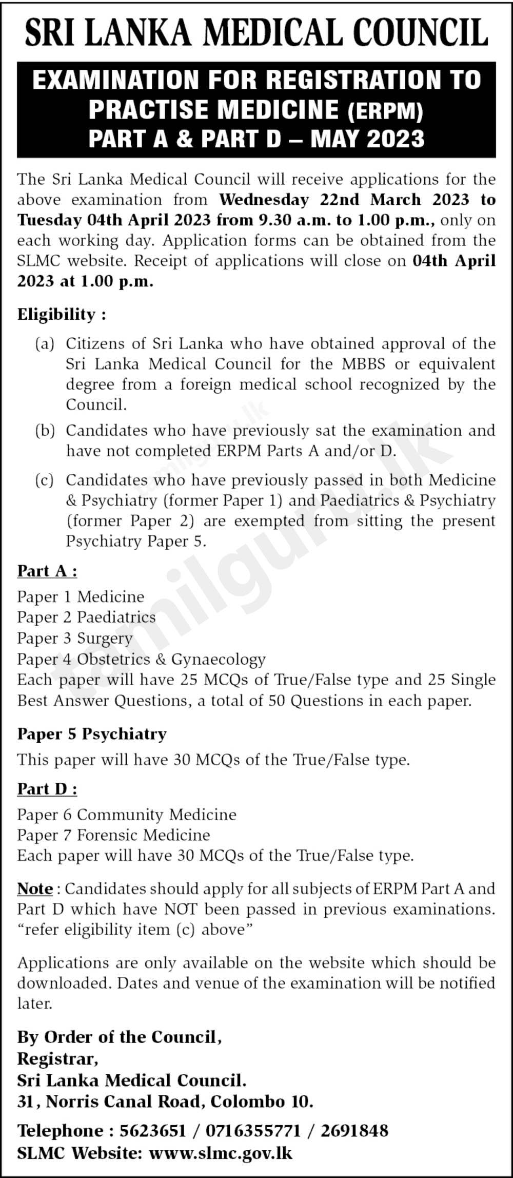 Examination for Registration to Practise Medicine (ERPM) Part A & Part D - May 2023 SLMC