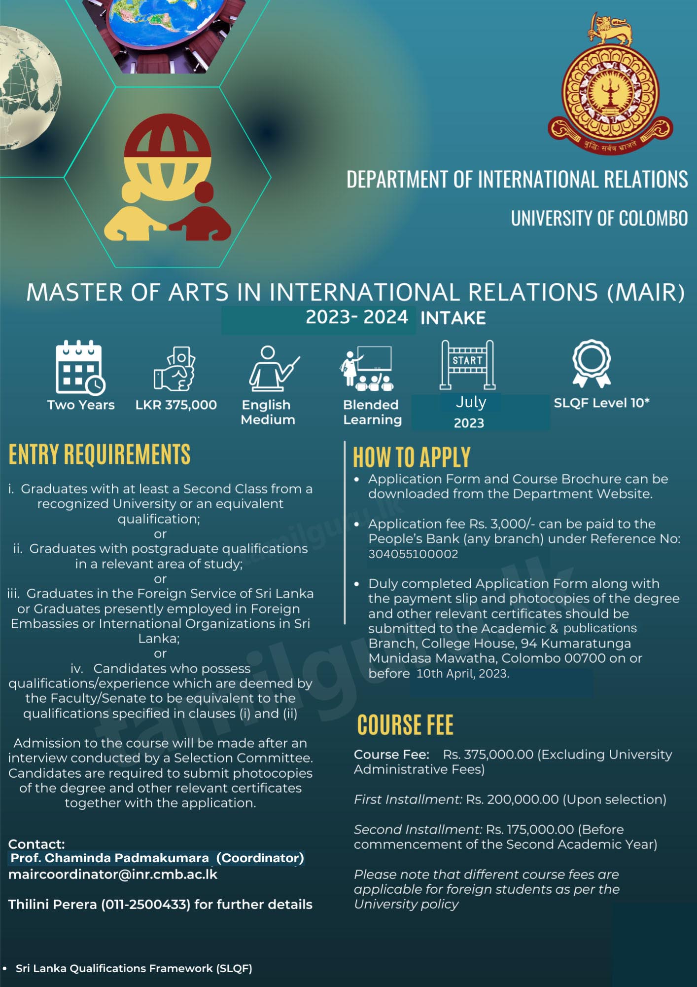 Master of Arts (MA) in International Relations 2023 - University of Colombo