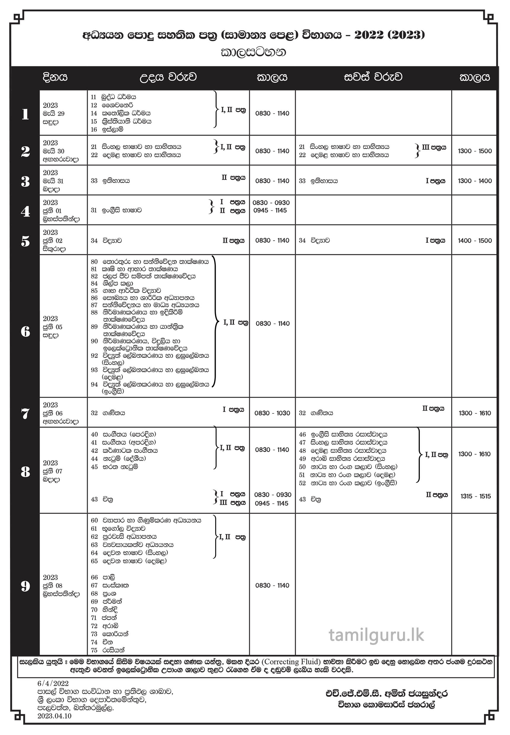 G.C.E. O/L Examination Time Table 2022 (2023) - Department of Examinations