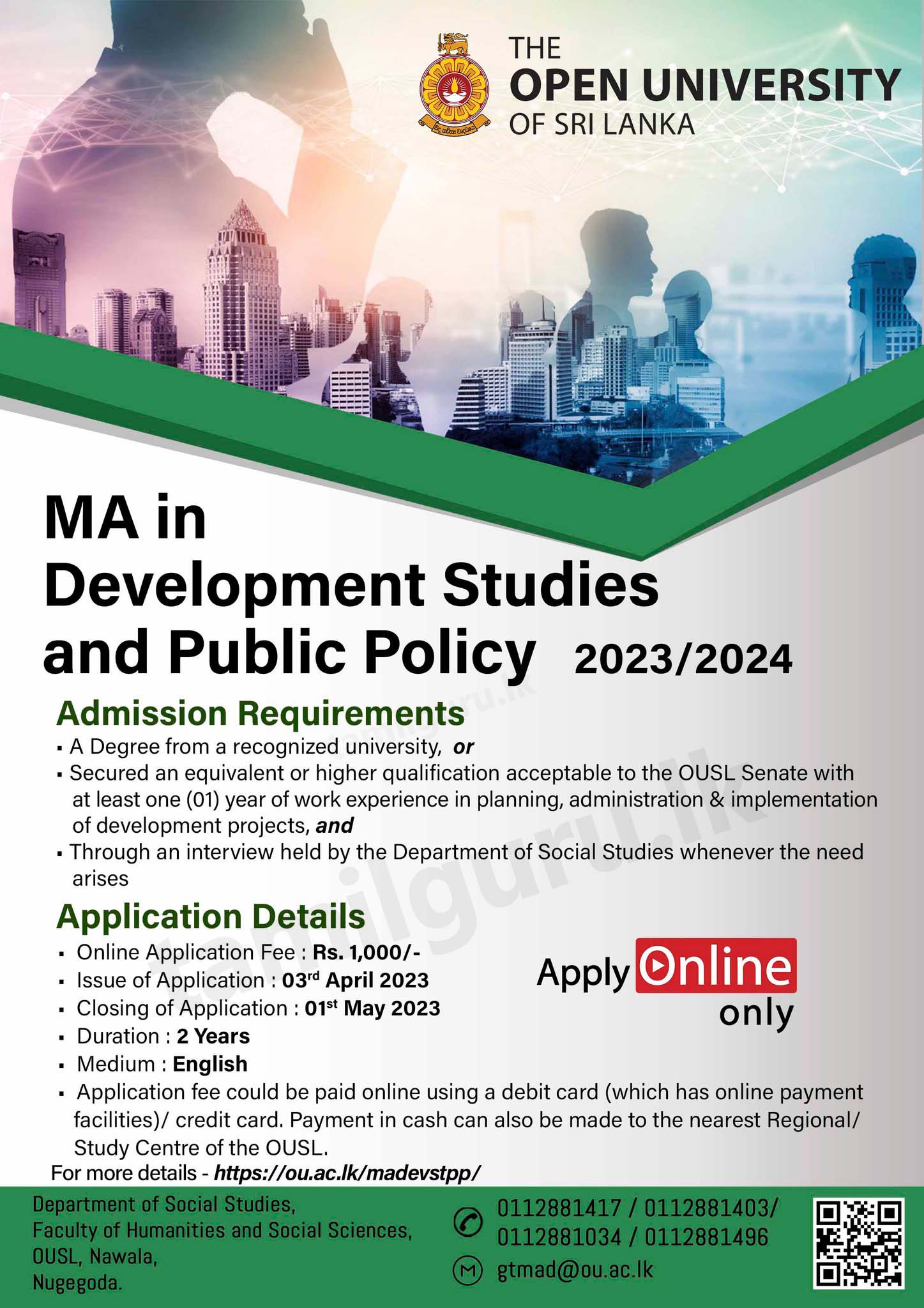 MA in Development Studies and Public Policy Degree Programme 2023 - Open University of Sri Lanka