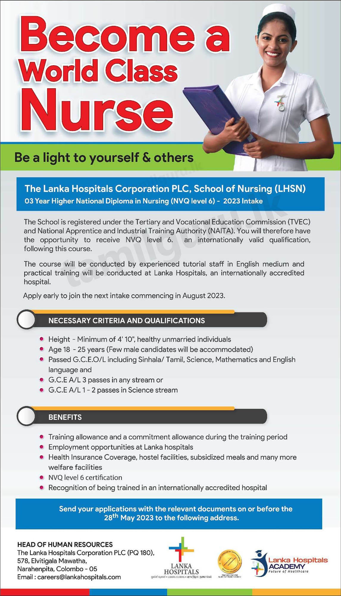 Nursing Training Course (HND, NVQ 6) 2023 - Lanka Hospitals