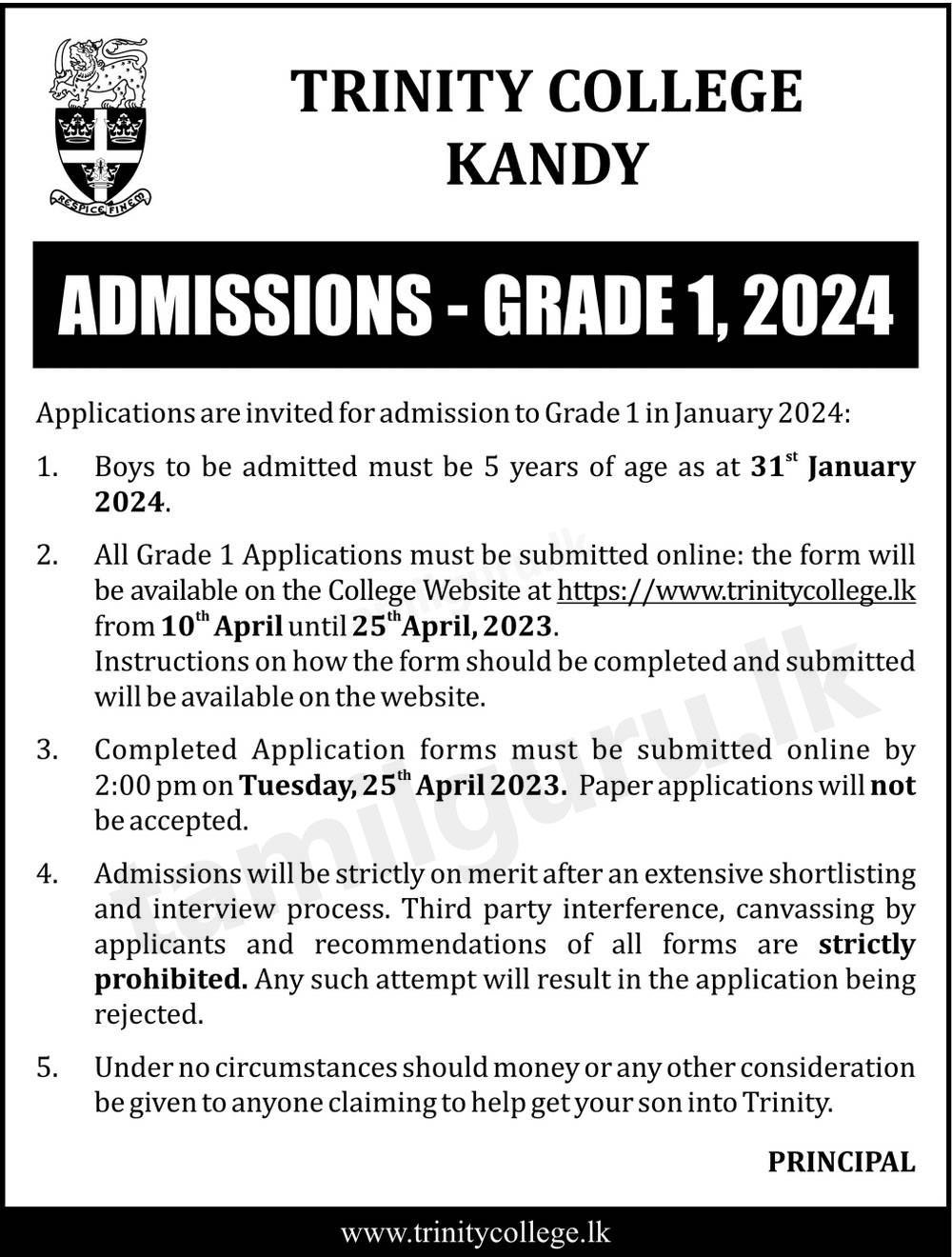 Trinity College Grade 1 Admission Year 2024 (Application)