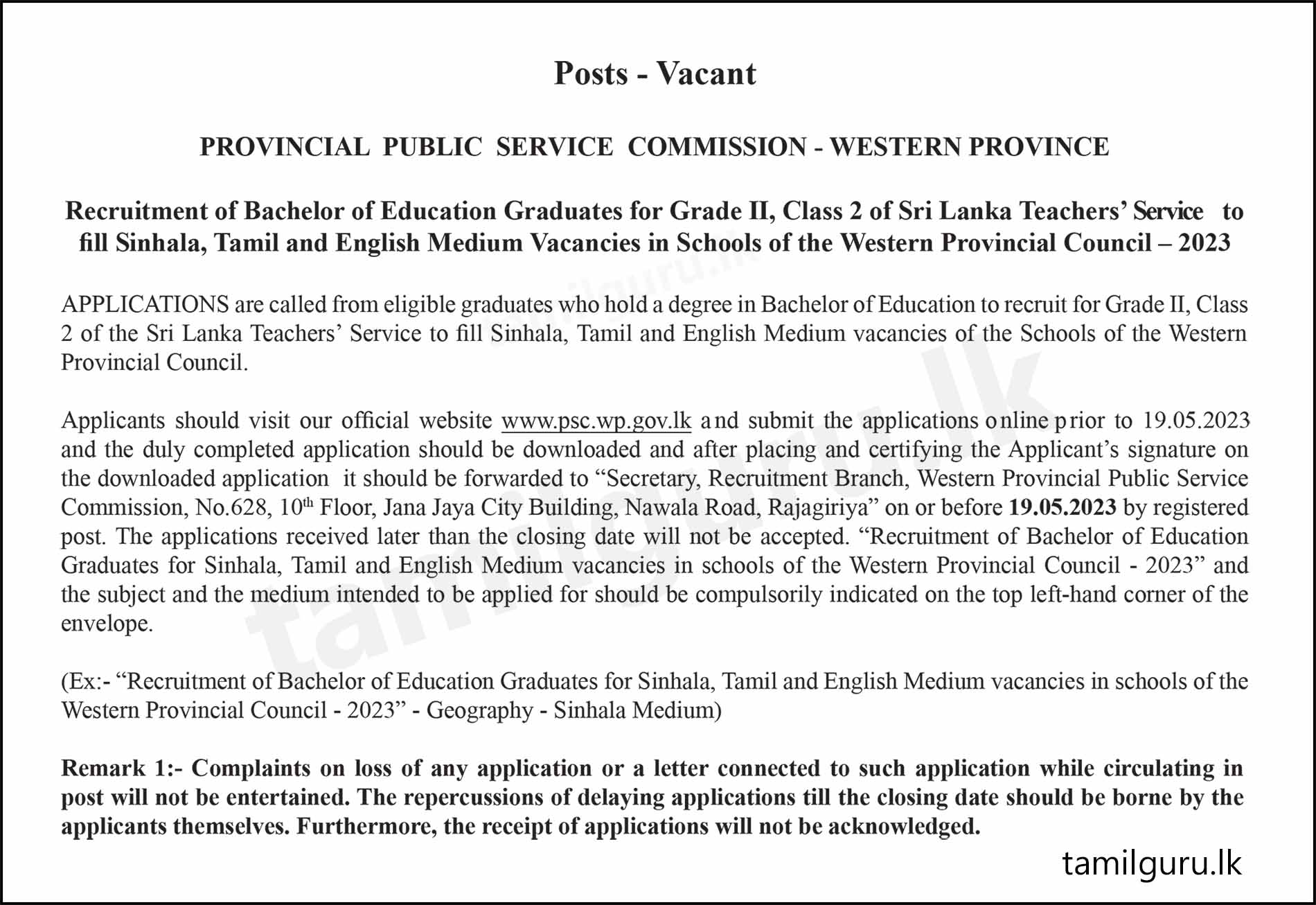 BEd Graduate Teaching Recruitment (Vacancies) 2023 - Western Province