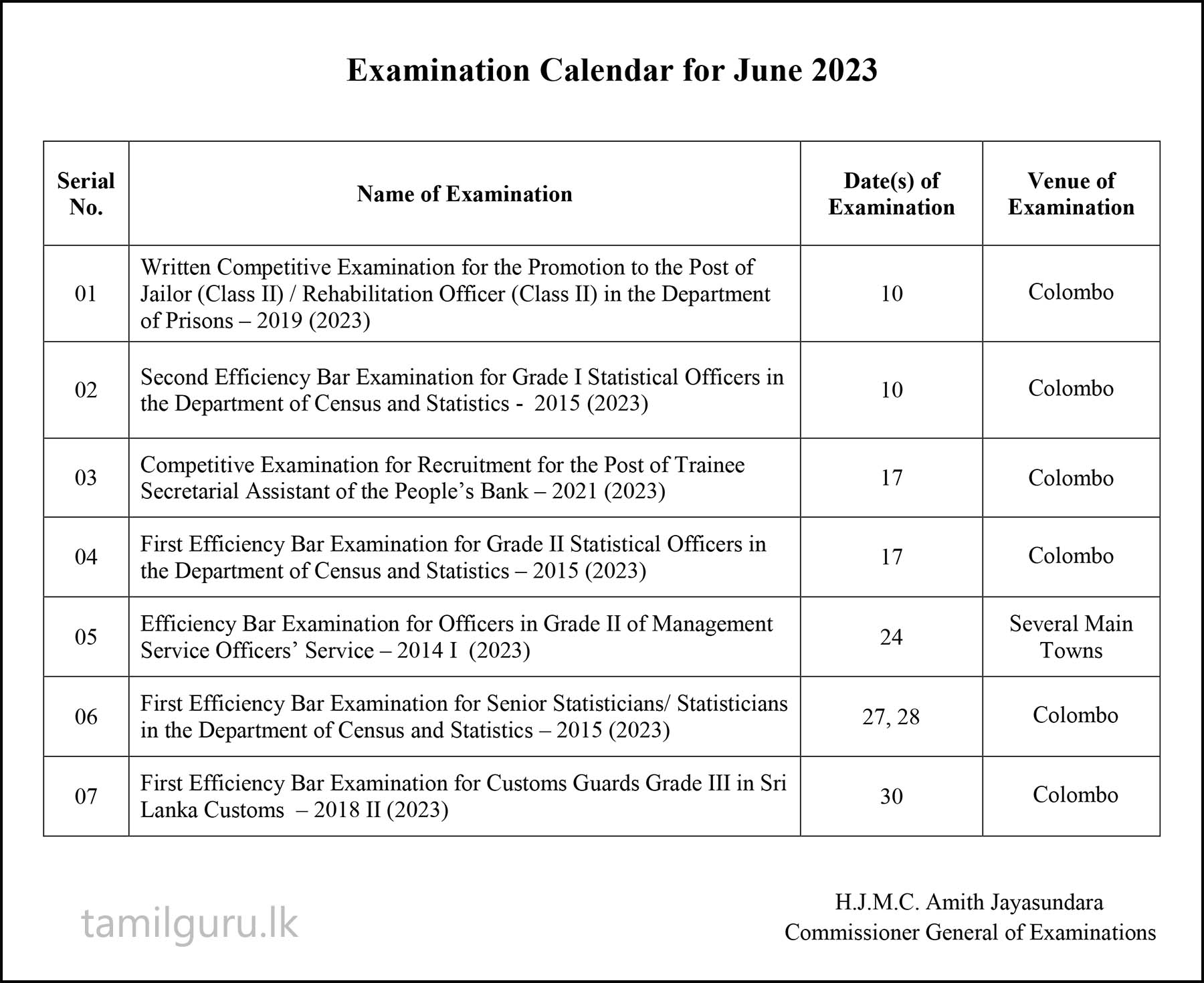 Examination Calendar for June 2023 - Department of Examinations